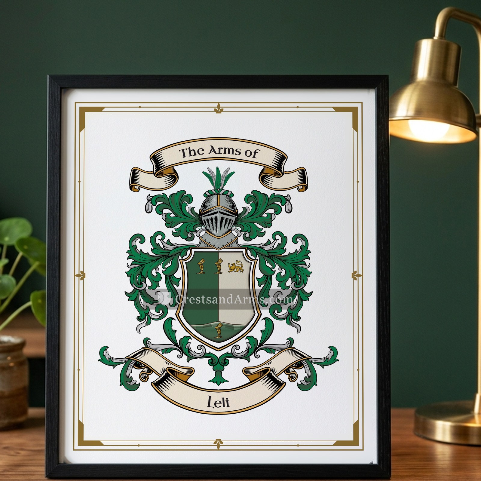 The Leli arms on the framed, black wood
