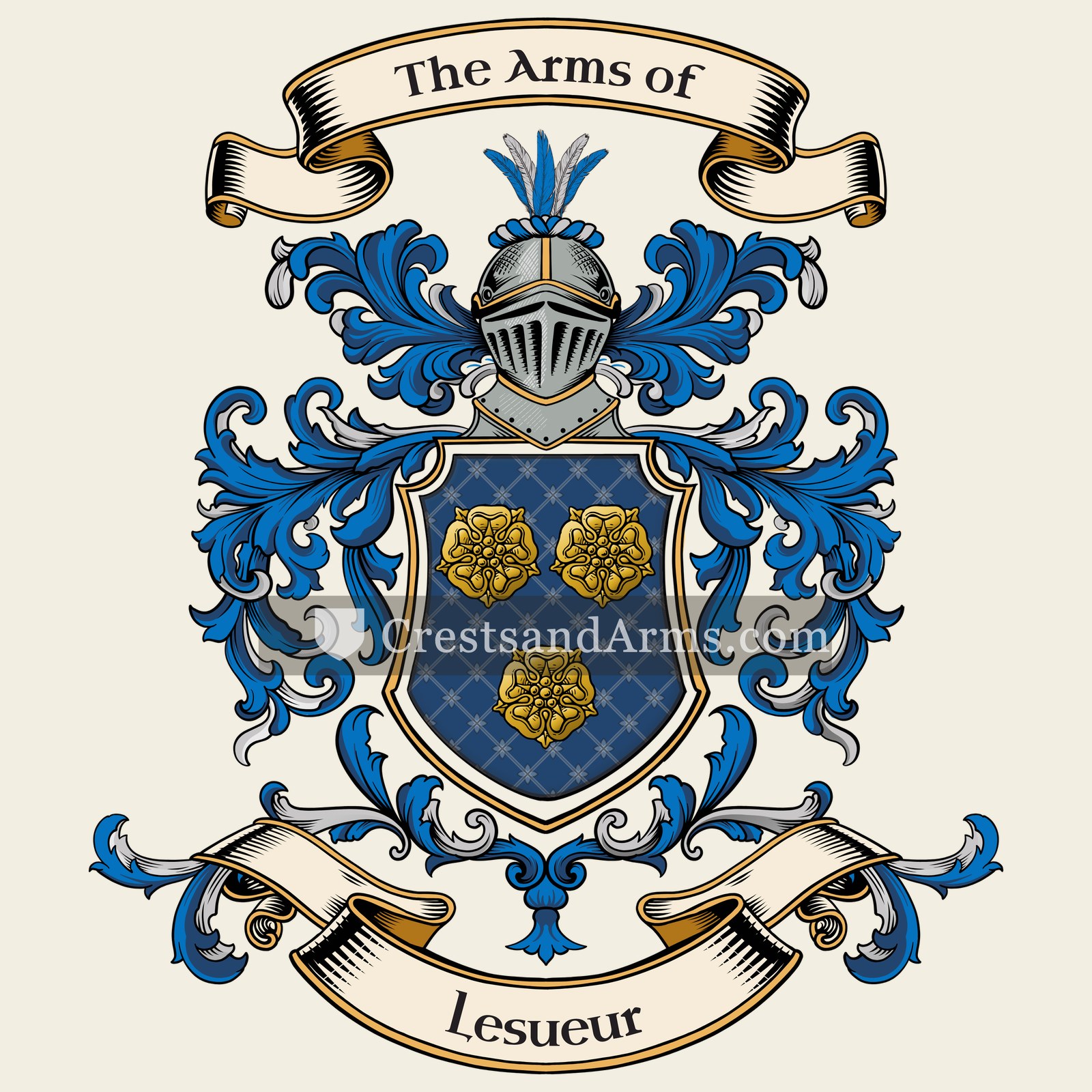 The Lesueur coat of arms, drawn from the recorded blazon