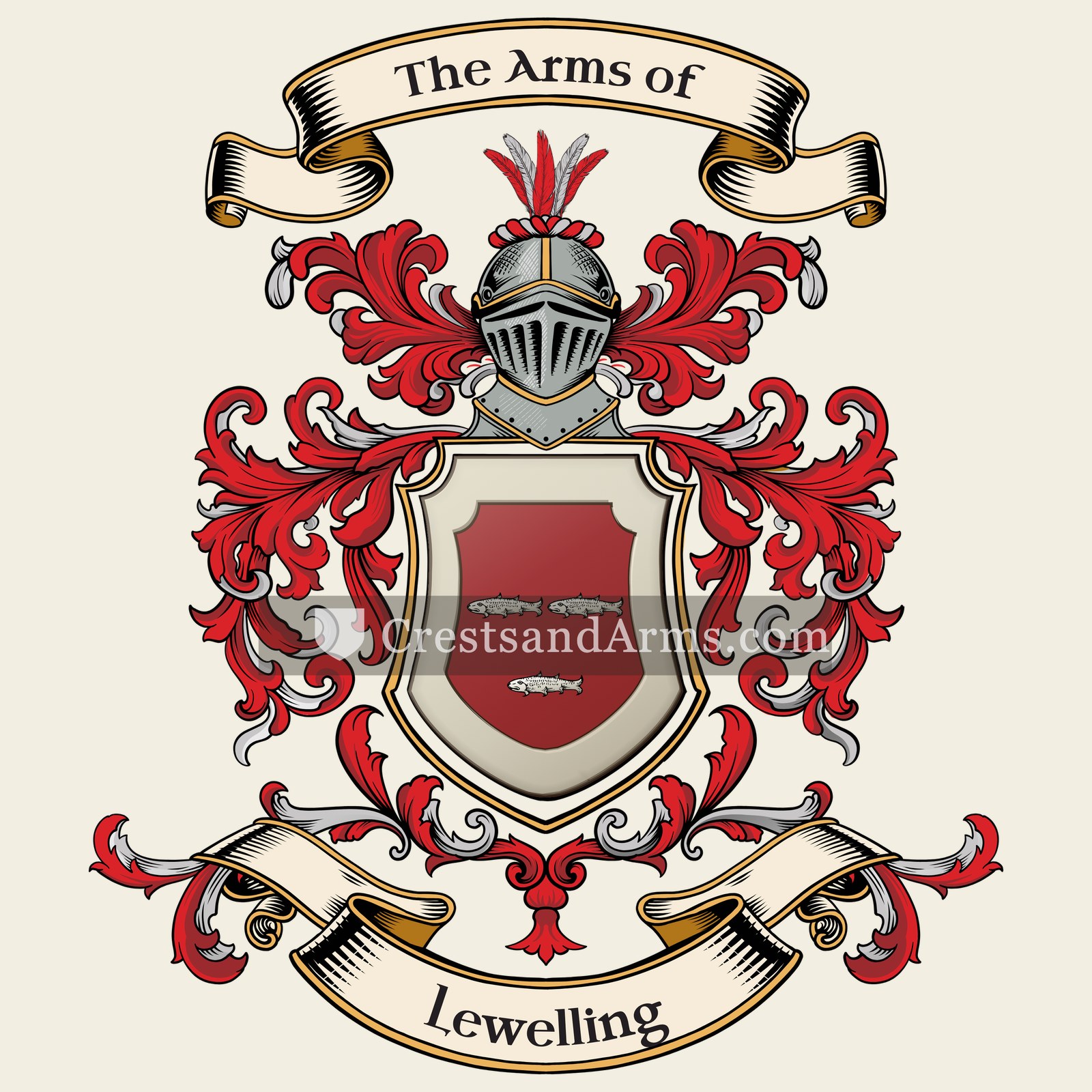 The Lewelling coat of arms, drawn from the recorded blazon