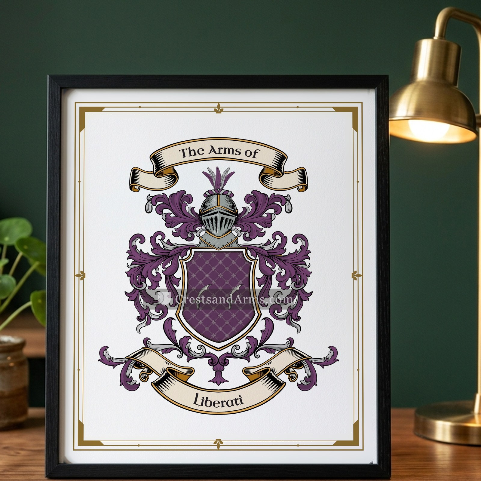 The Liberati arms on the framed, black wood