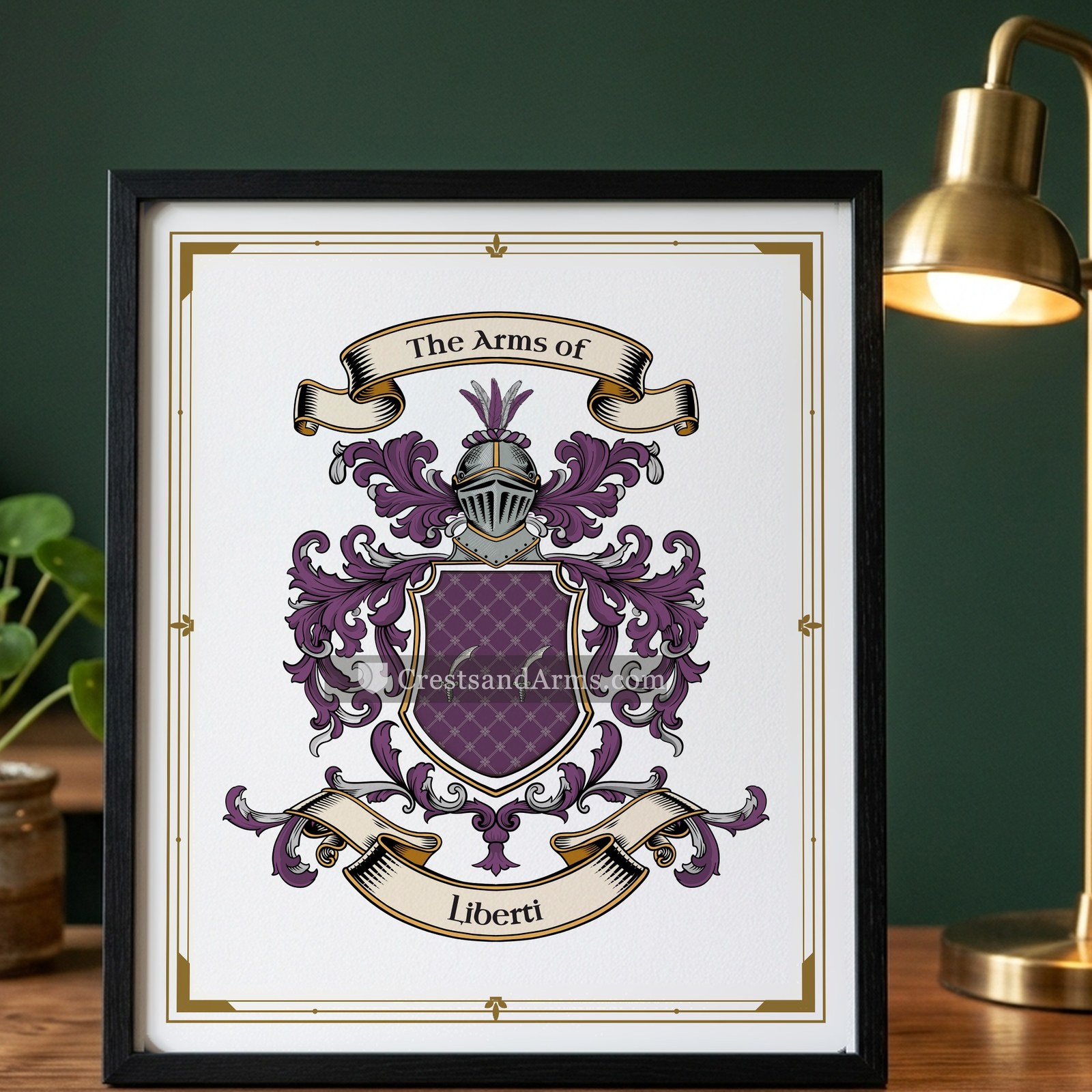 The Liberti arms on the framed, black wood