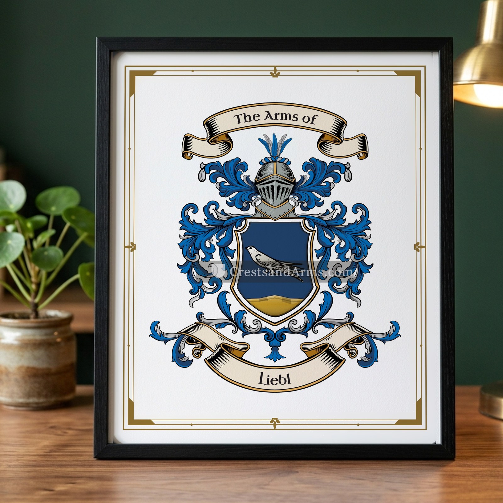 The Liebl arms on the framed, black wood