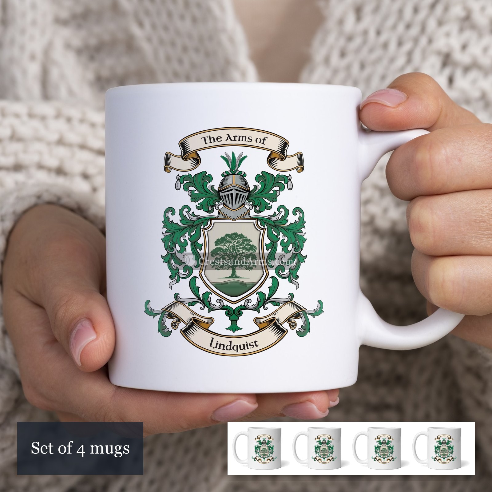 The Lindquist arms on the set of 4 mugs