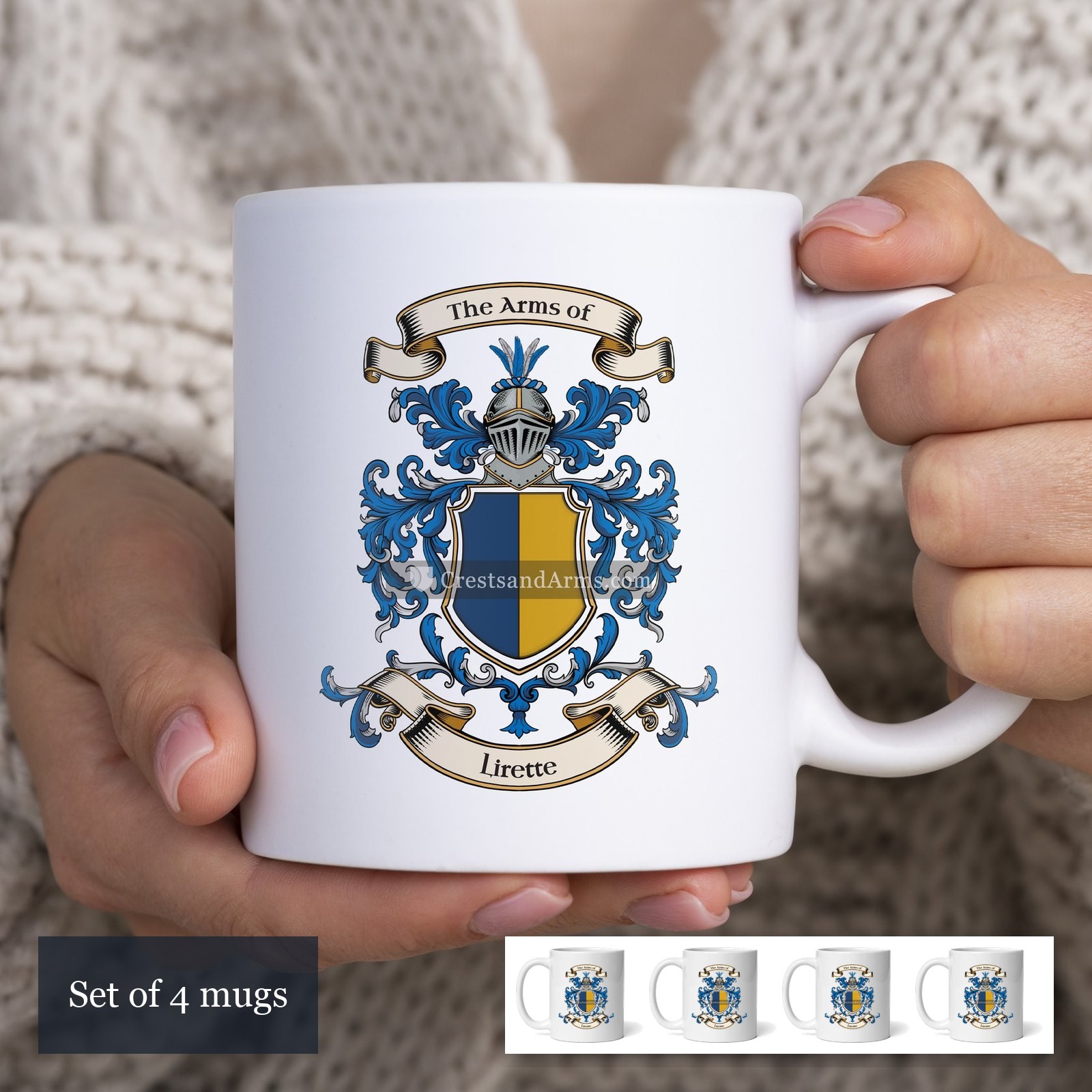 The Lirette arms on the set of 4 mugs