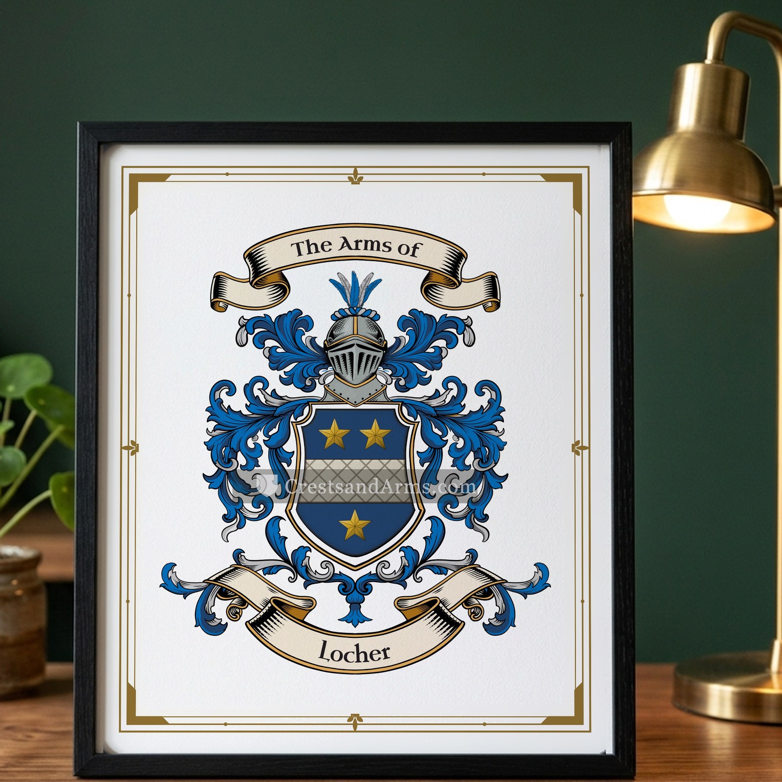 The Locher arms on the framed, black wood