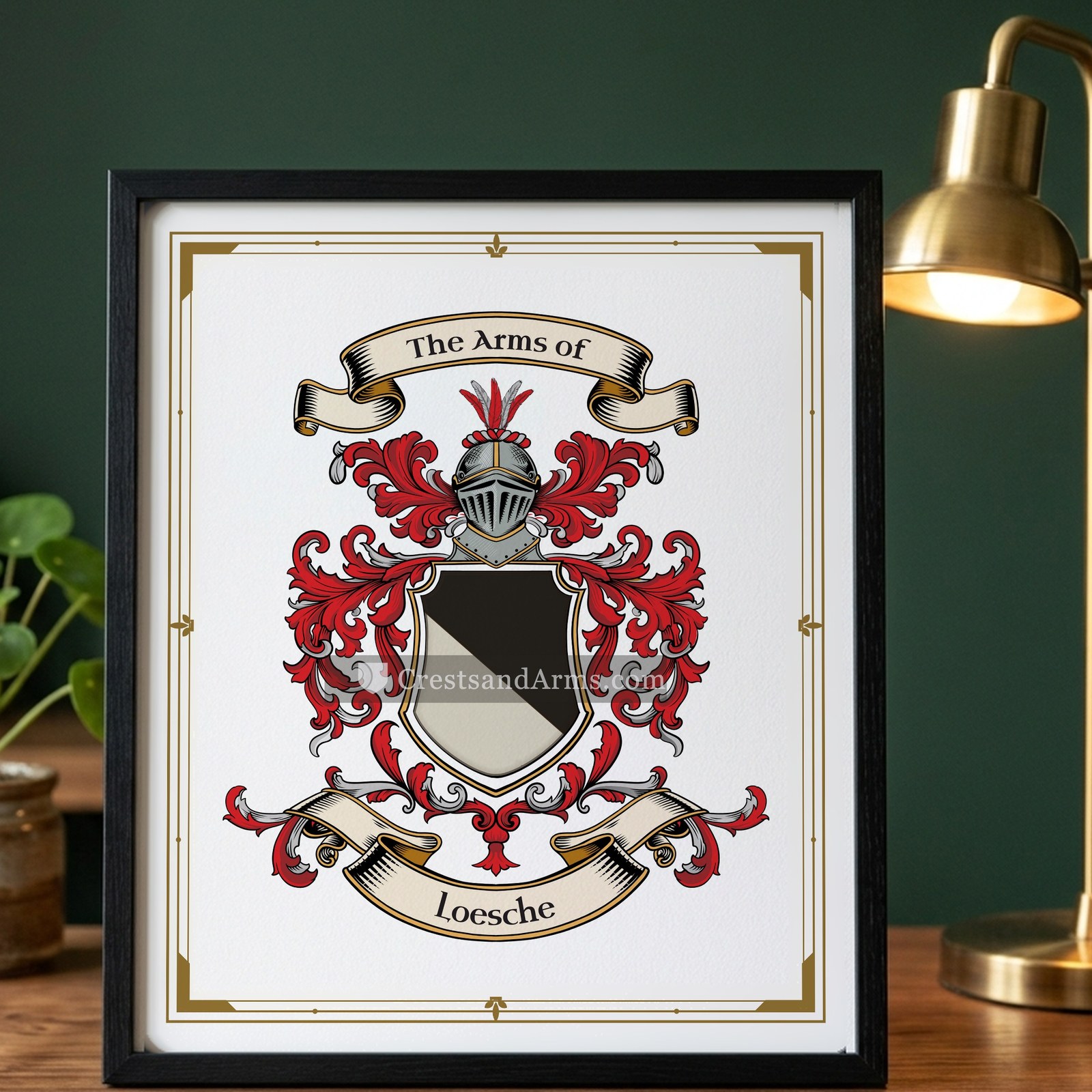 The Loesche arms on the framed, black wood