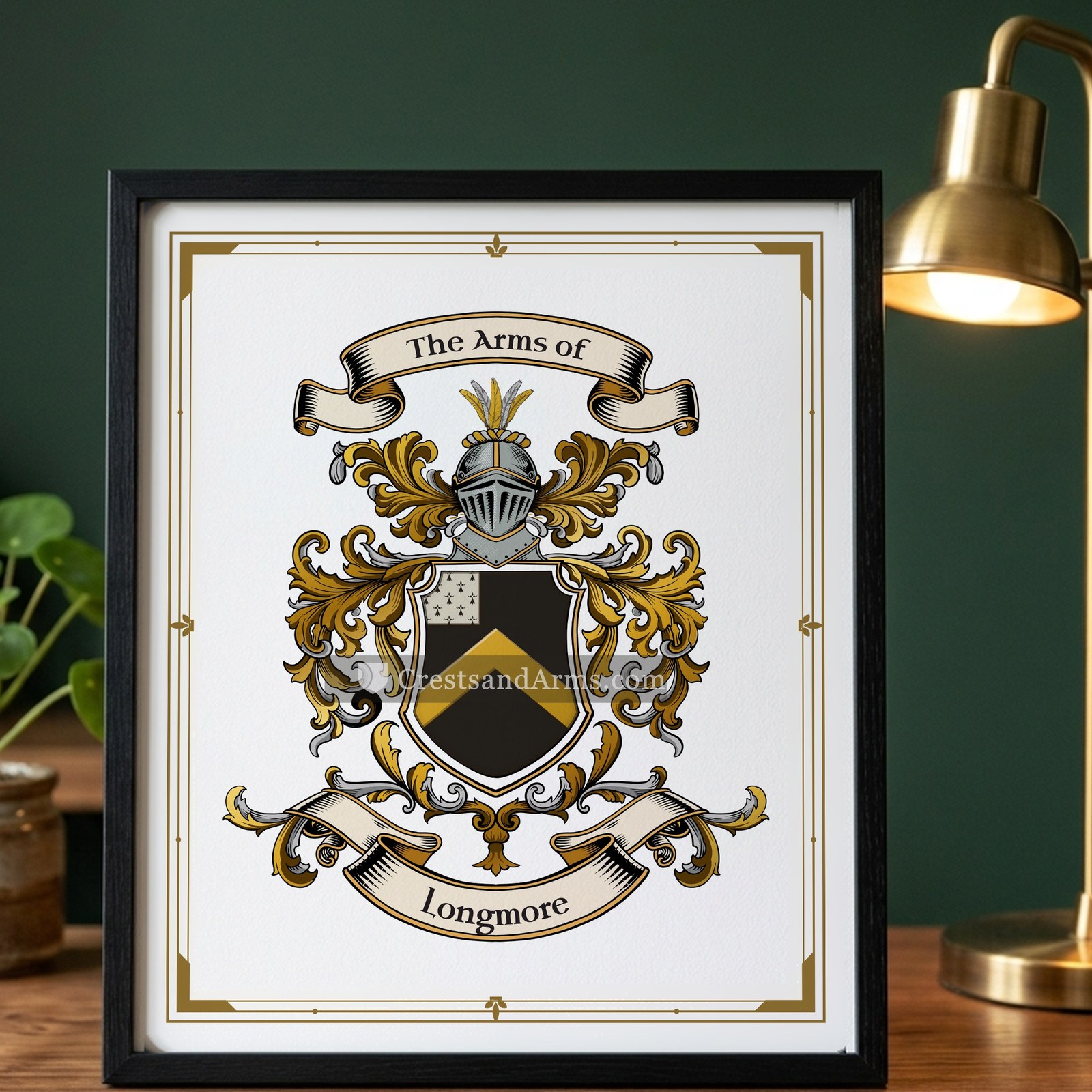 The Longmore arms on the framed, black wood