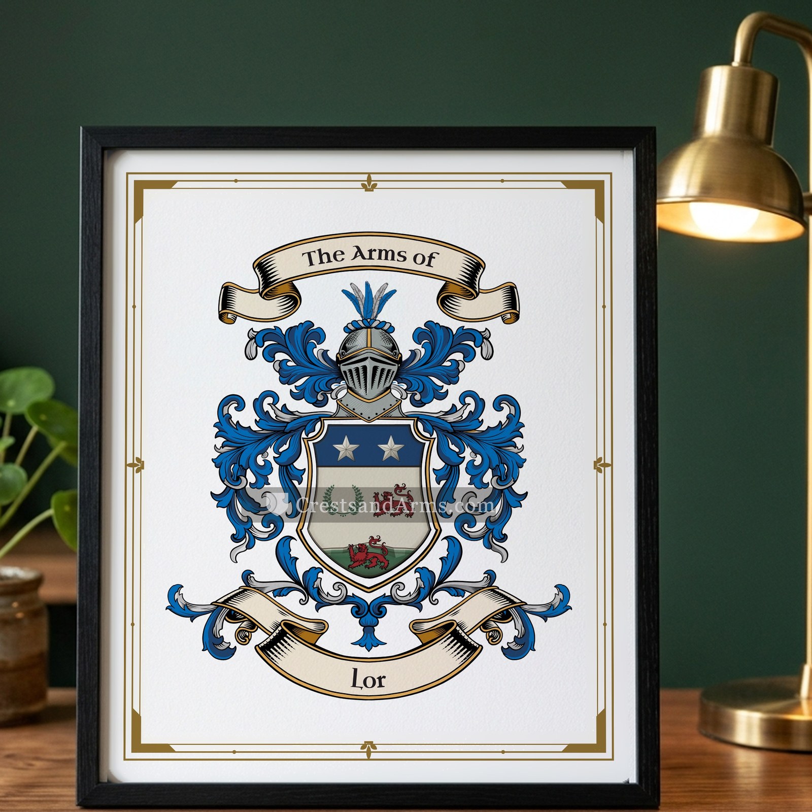 The Lor arms on the framed, black wood