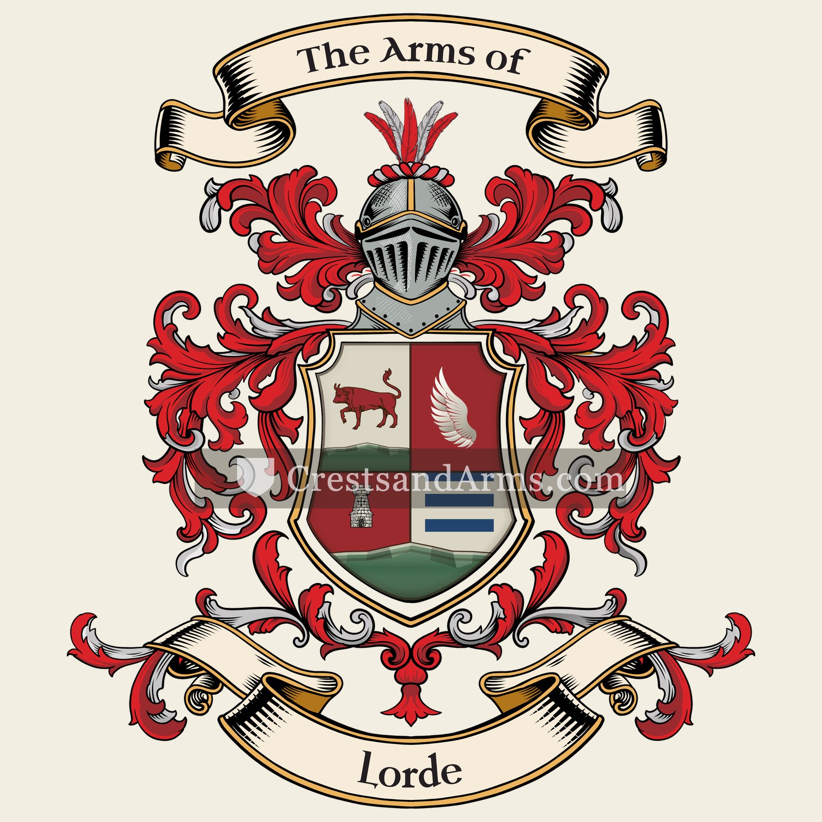 The Lorde coat of arms, drawn from the recorded blazon