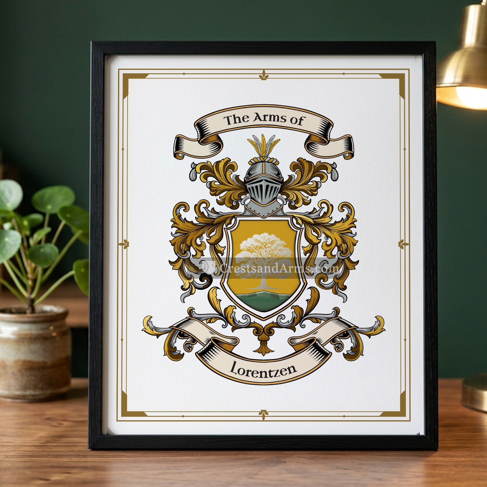 The Lorentzen arms on the framed, black wood