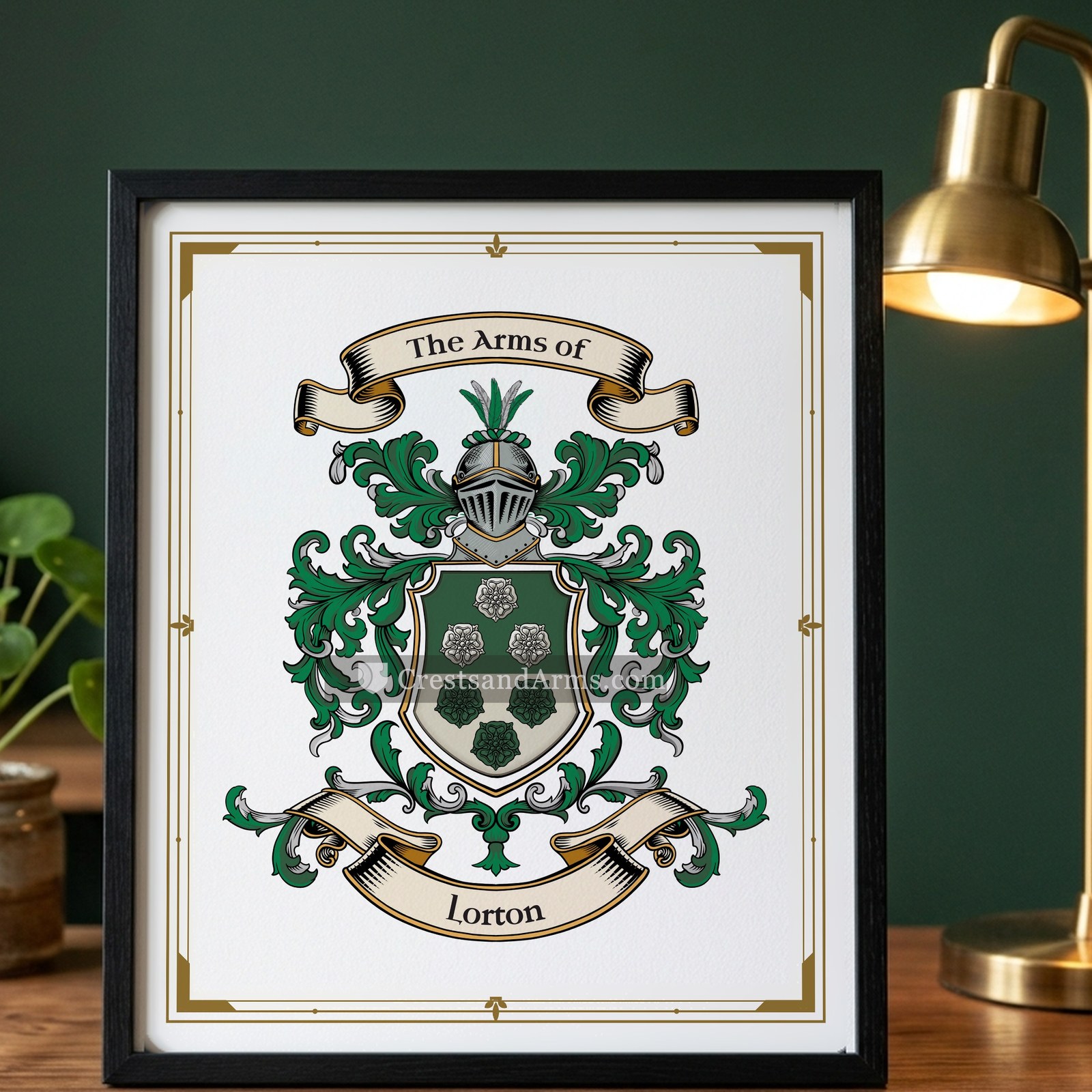 The Lorton arms on the framed, black wood