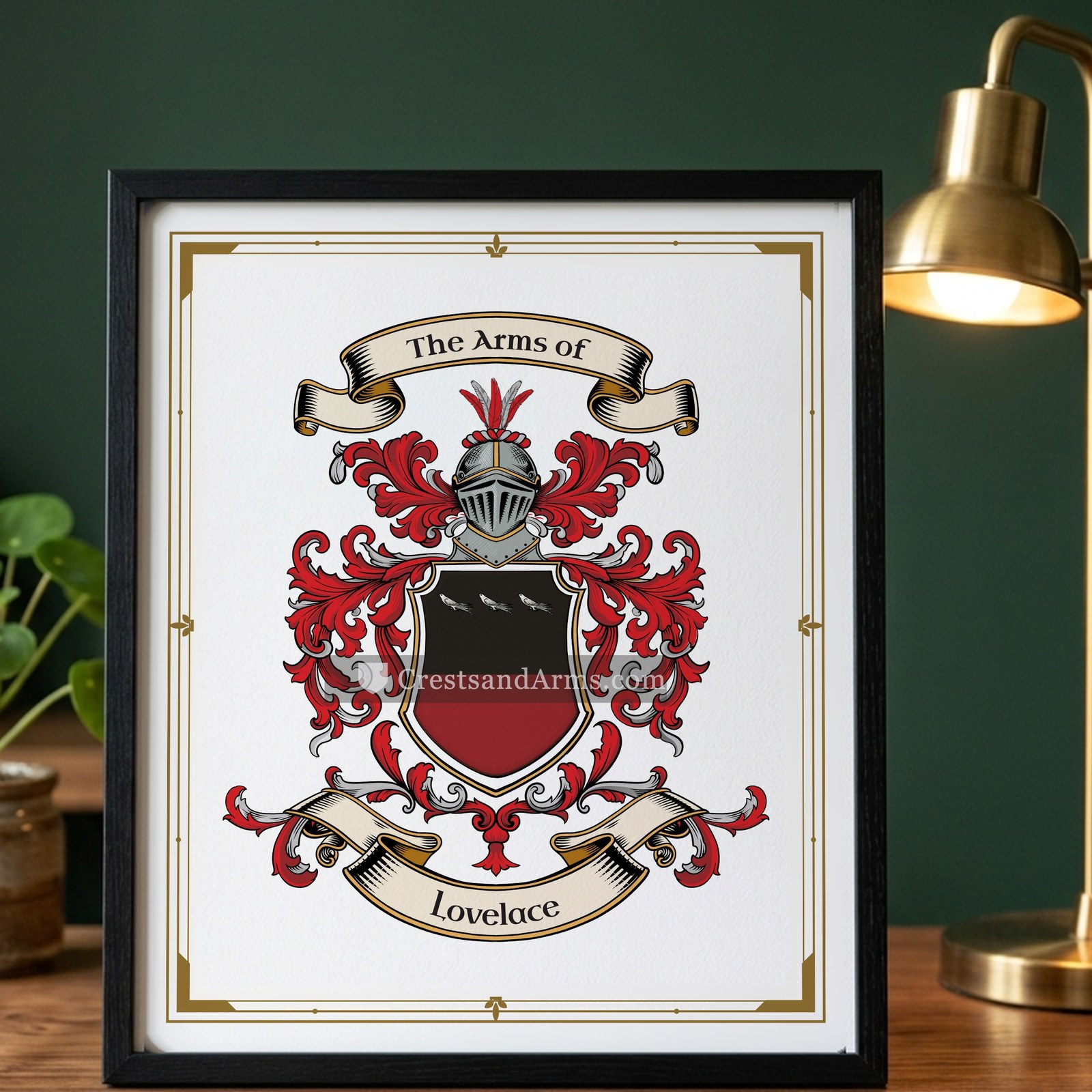The Lovelace arms on the framed, black wood