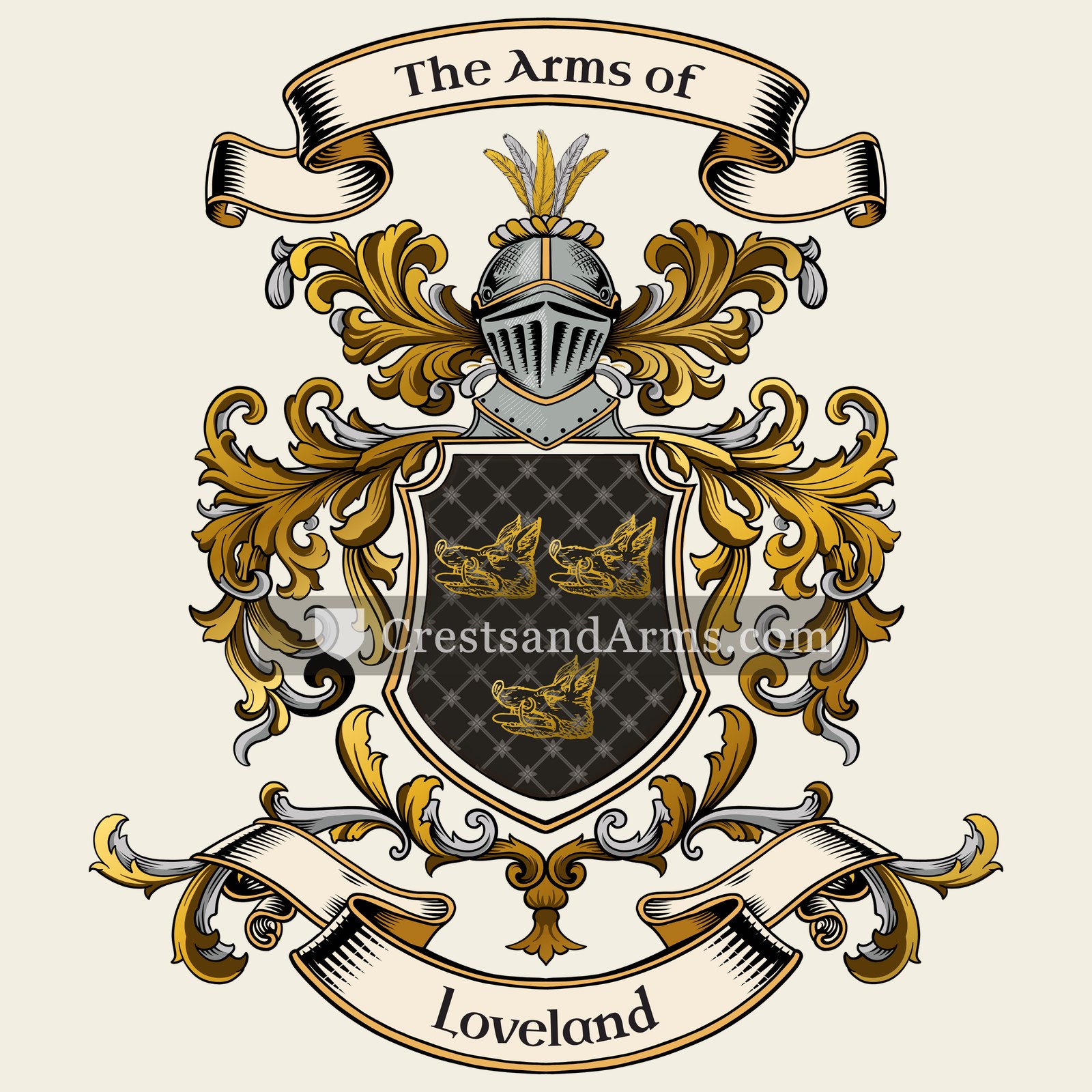 The Loveland coat of arms, drawn from the recorded blazon