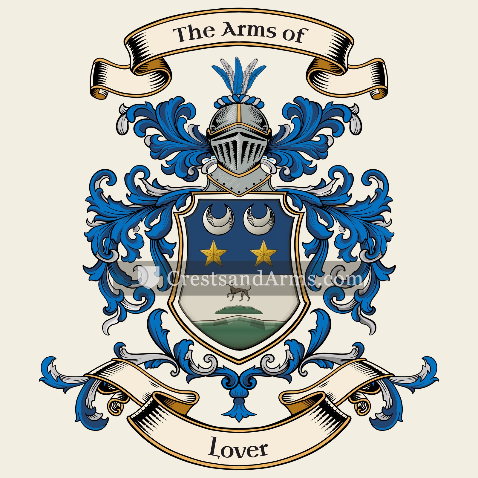 The Lover coat of arms, drawn from the recorded blazon