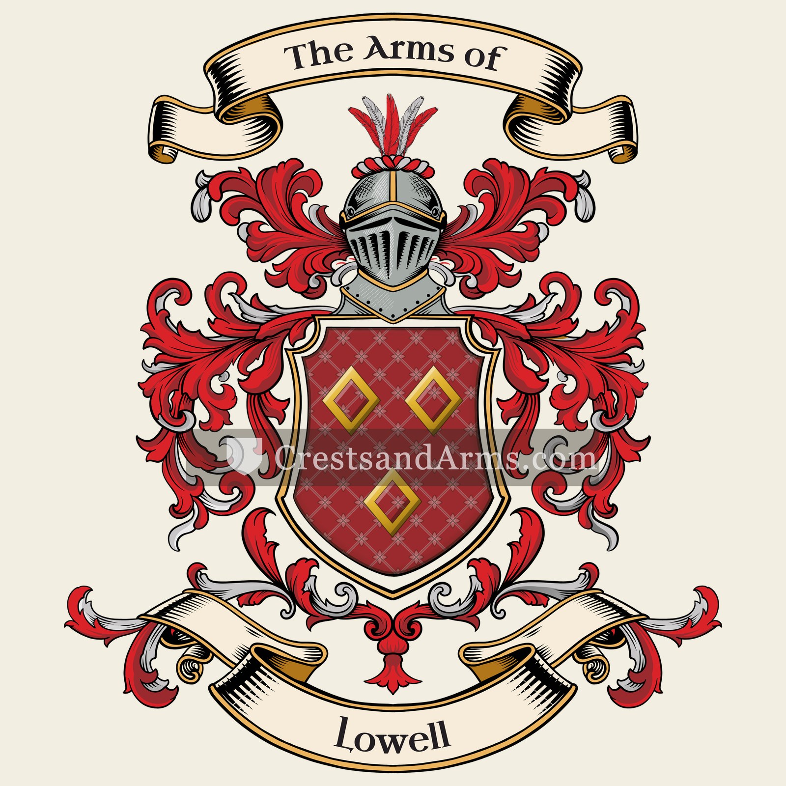 The Lowell coat of arms, drawn from the recorded blazon