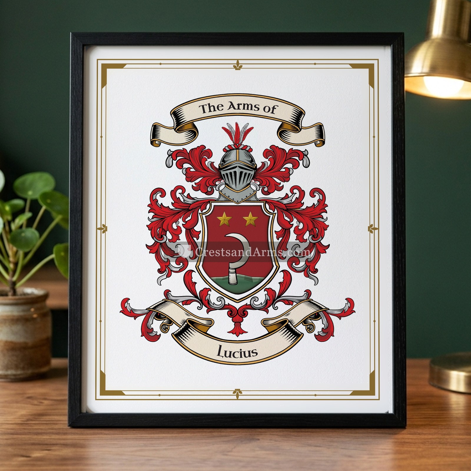 The Lucius arms on the framed, black wood