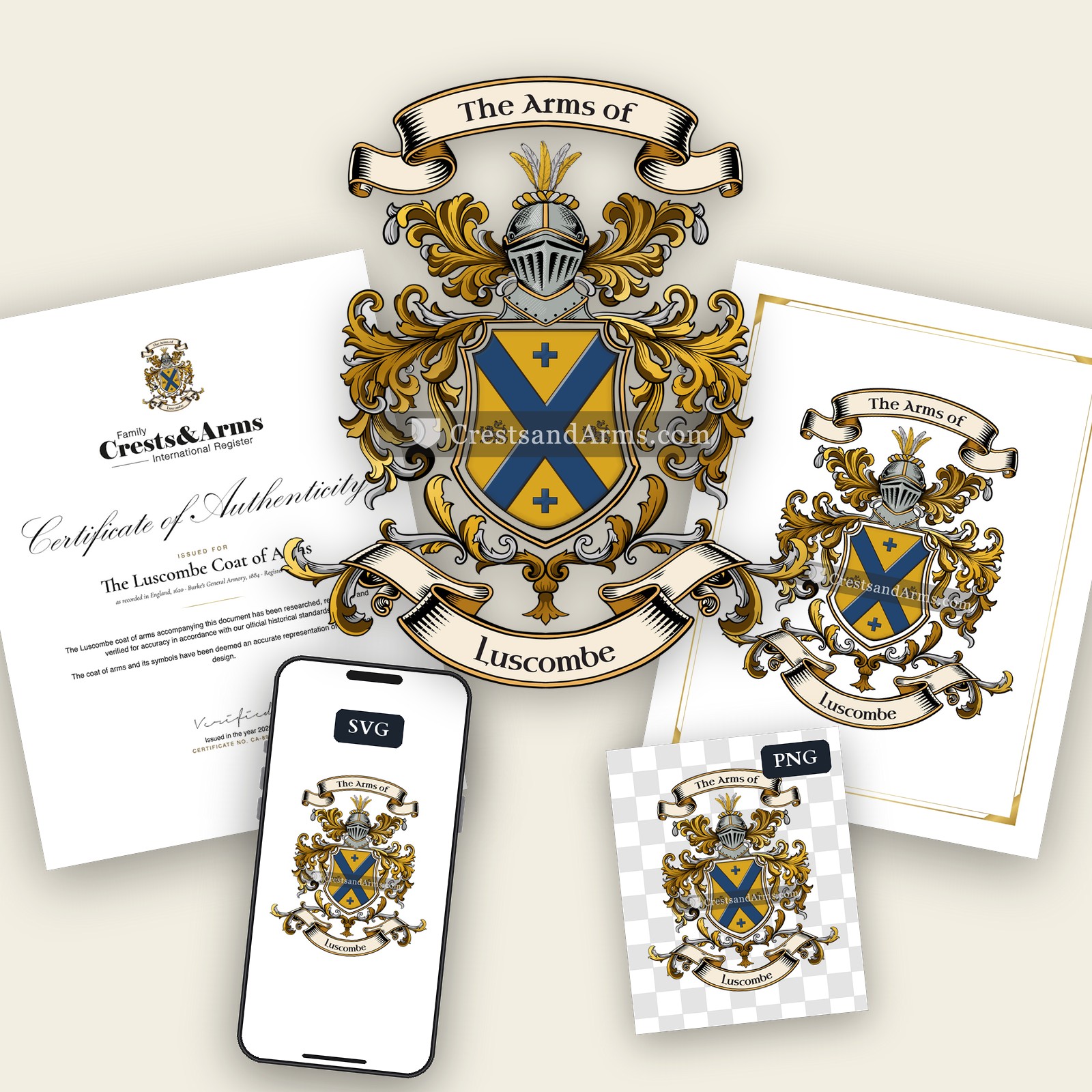 The Luscombe arms on the coat of arms — digital pack