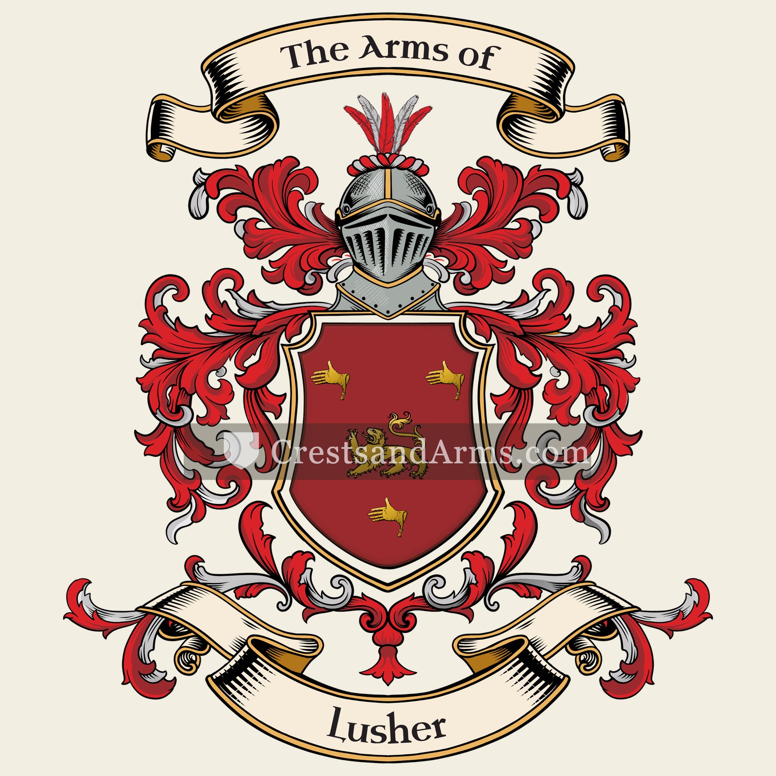The Lusher coat of arms, drawn from the recorded blazon