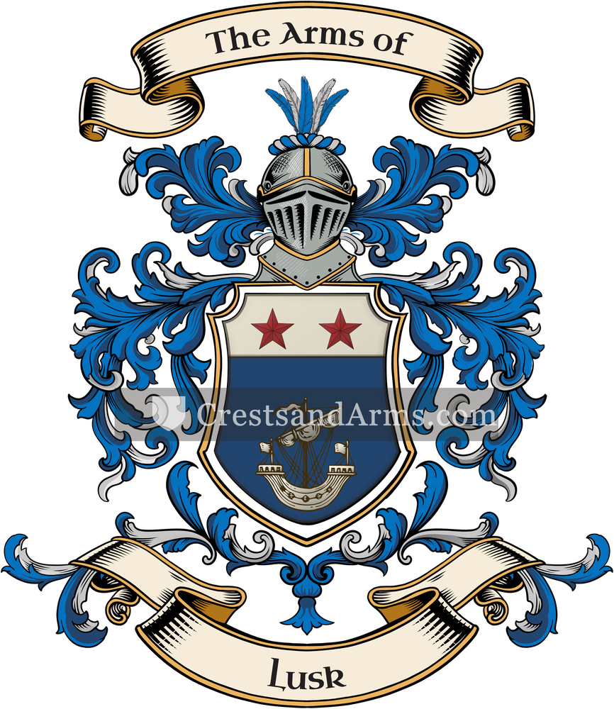 The Lusk coat of arms, drawn from the recorded blazon