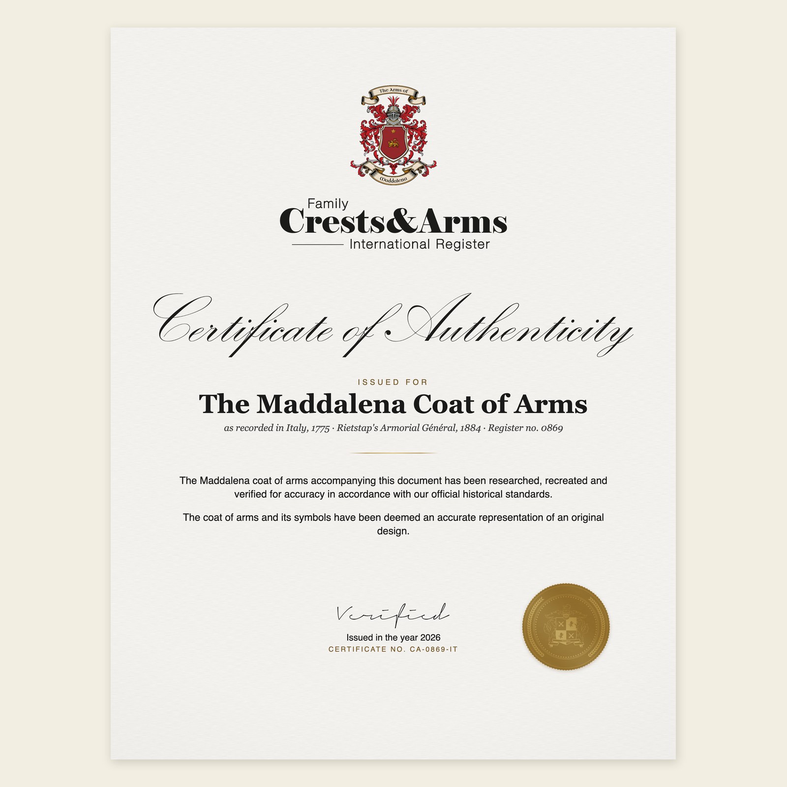 Certificate of authenticity