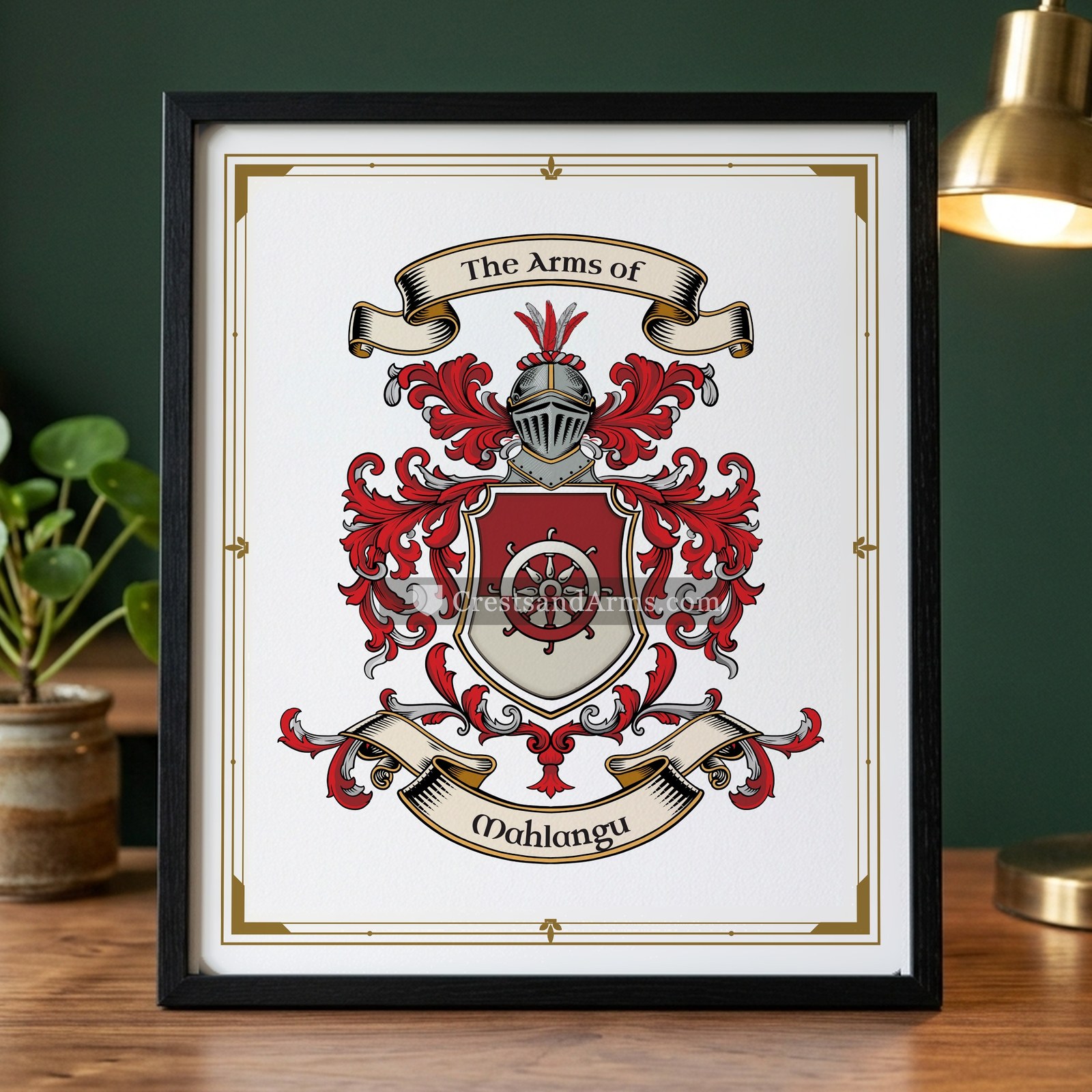 The Mahlangu arms on the framed, black wood