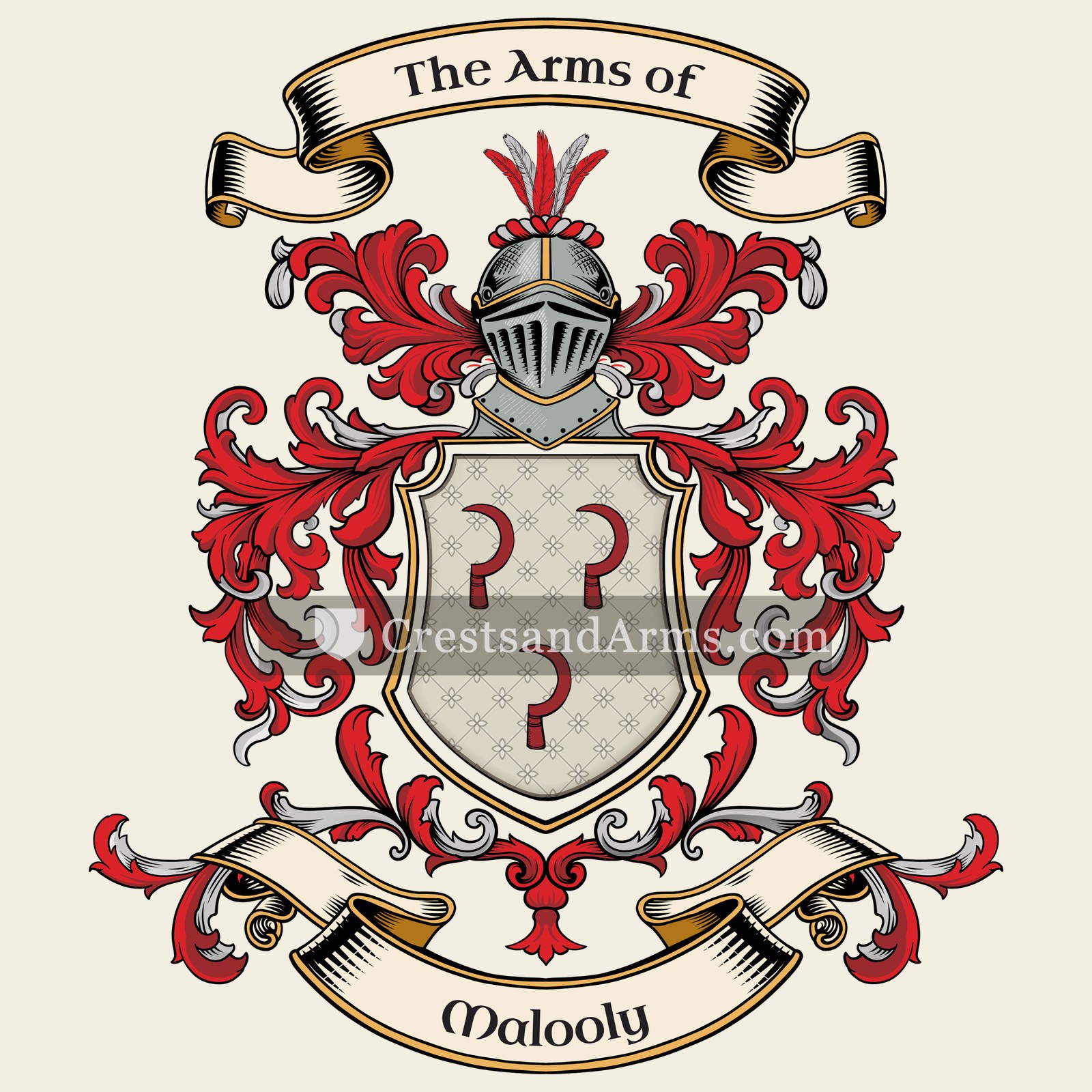 The Malooly coat of arms, drawn from the recorded blazon