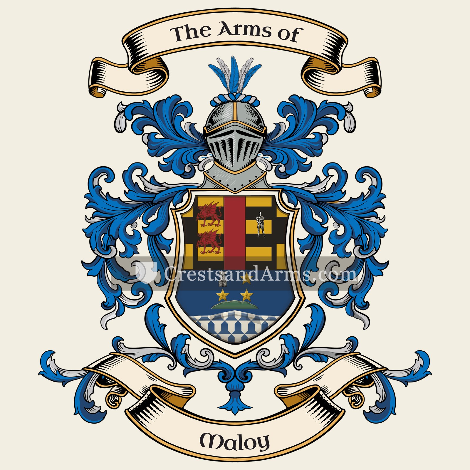 The Maloy coat of arms, drawn from the recorded blazon