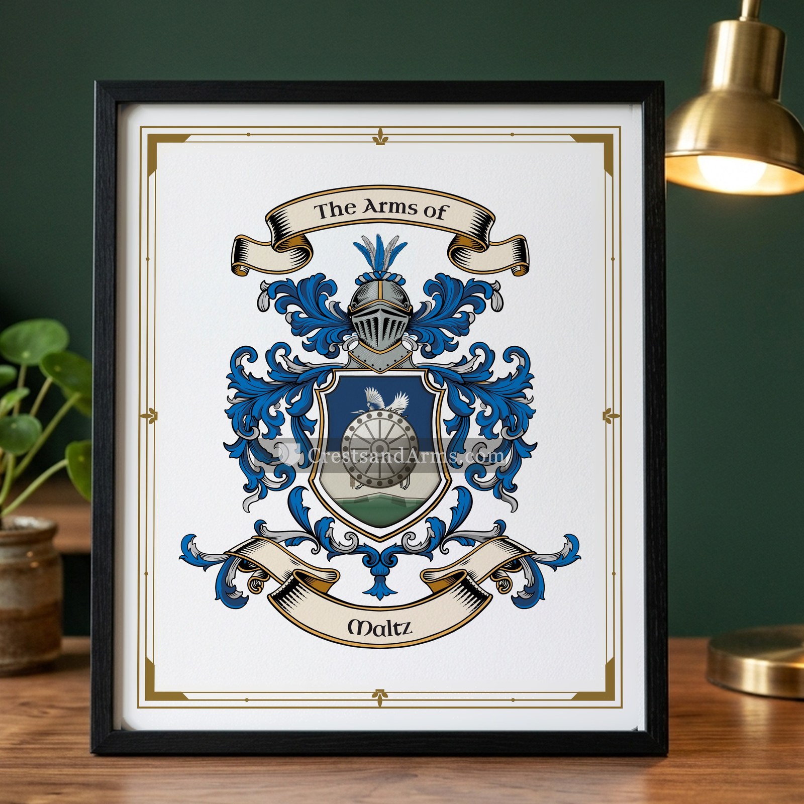The Maltz arms on the framed, black wood
