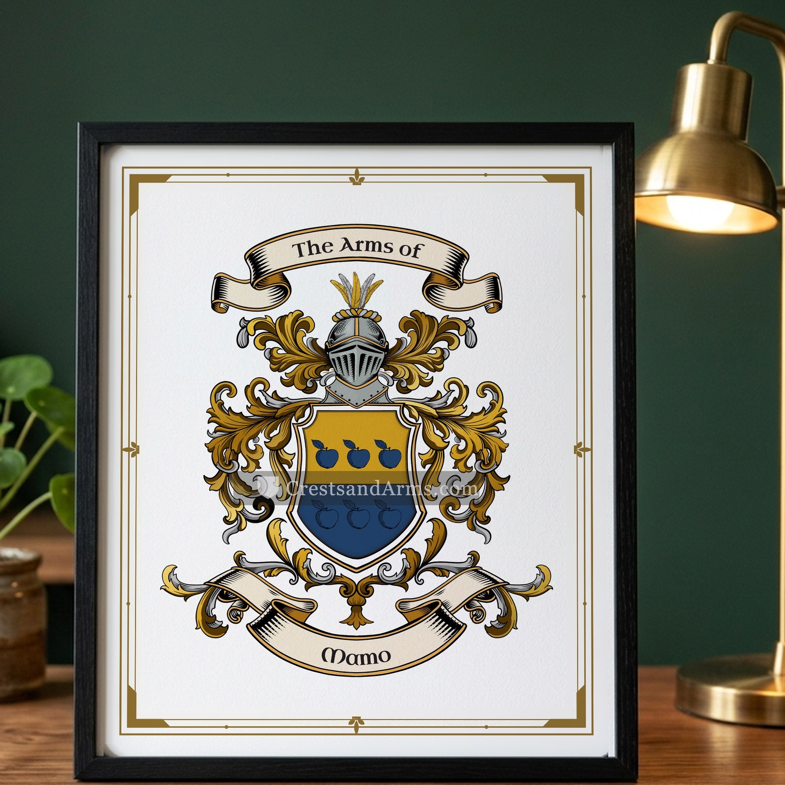 The Mamo arms on the framed, black wood