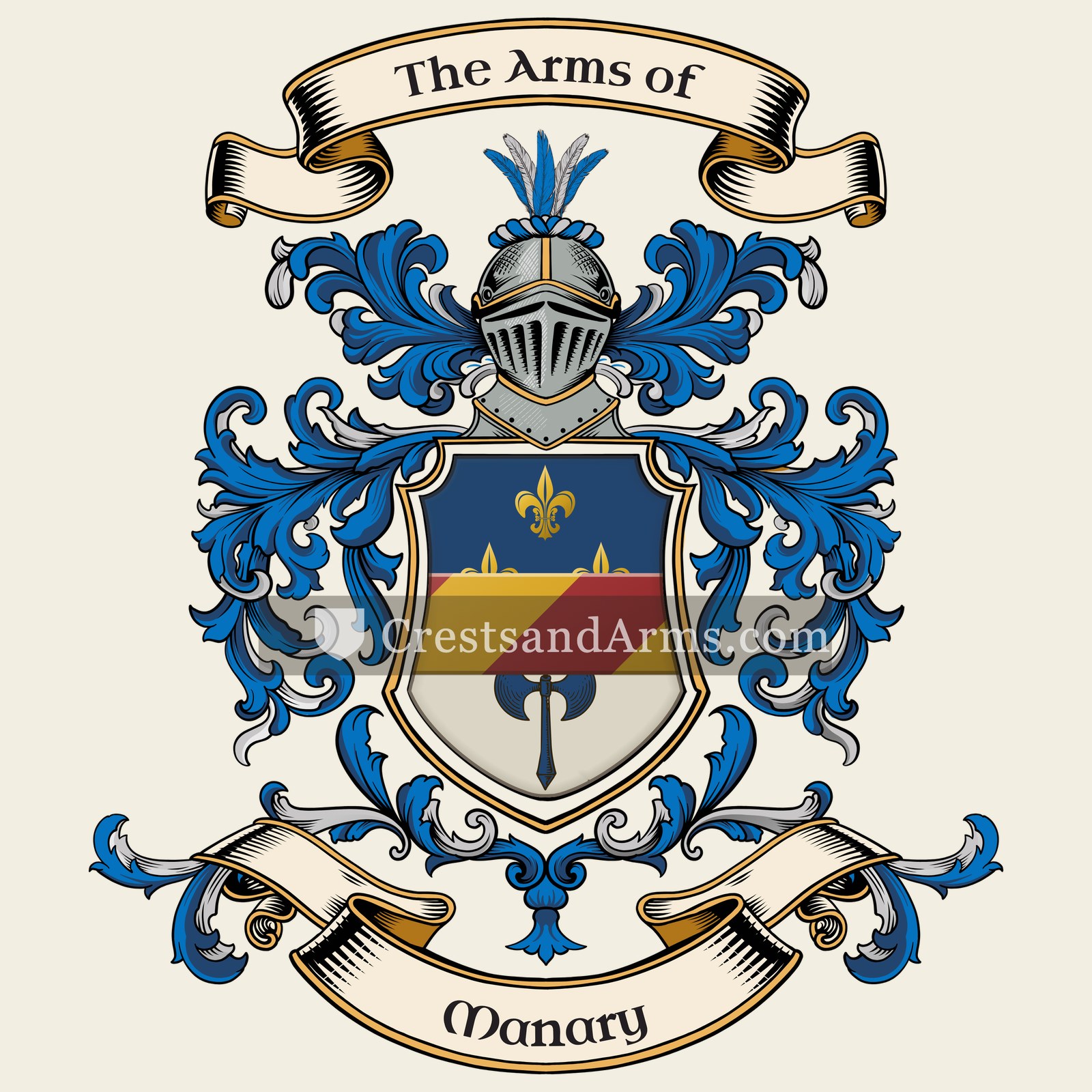 The Manary coat of arms, drawn from the recorded blazon