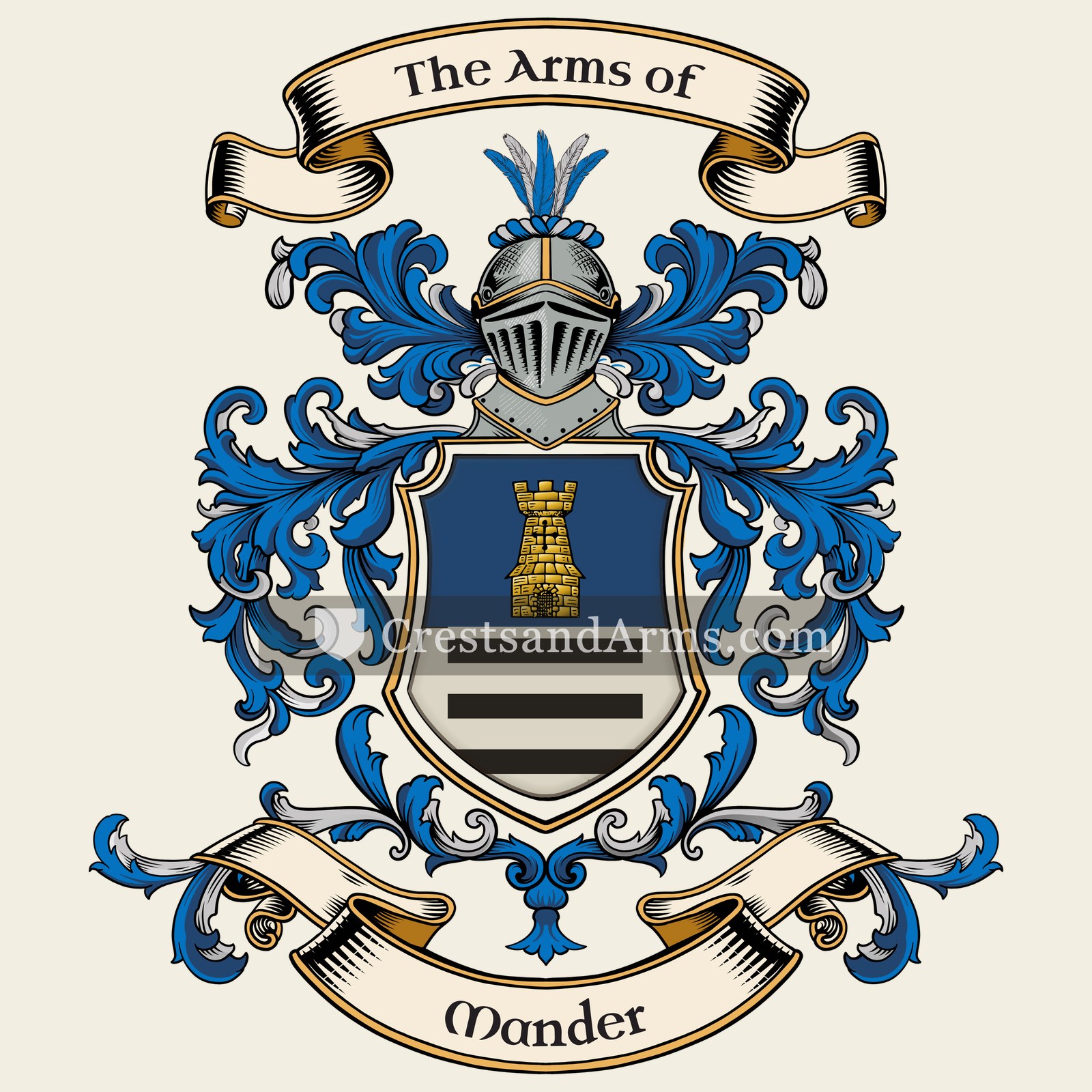 The Mander coat of arms, drawn from the recorded blazon