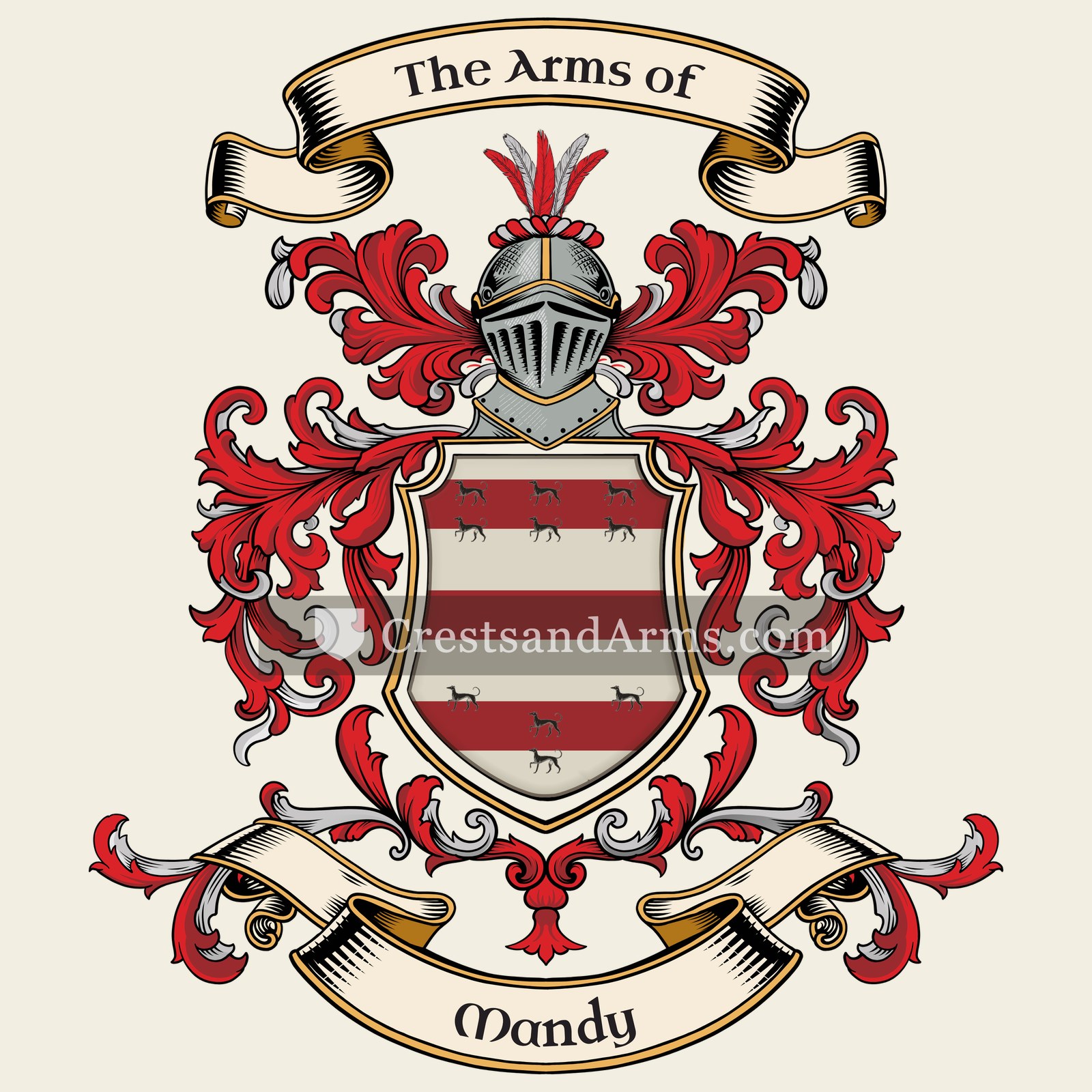 The Mandy coat of arms, drawn from the recorded blazon