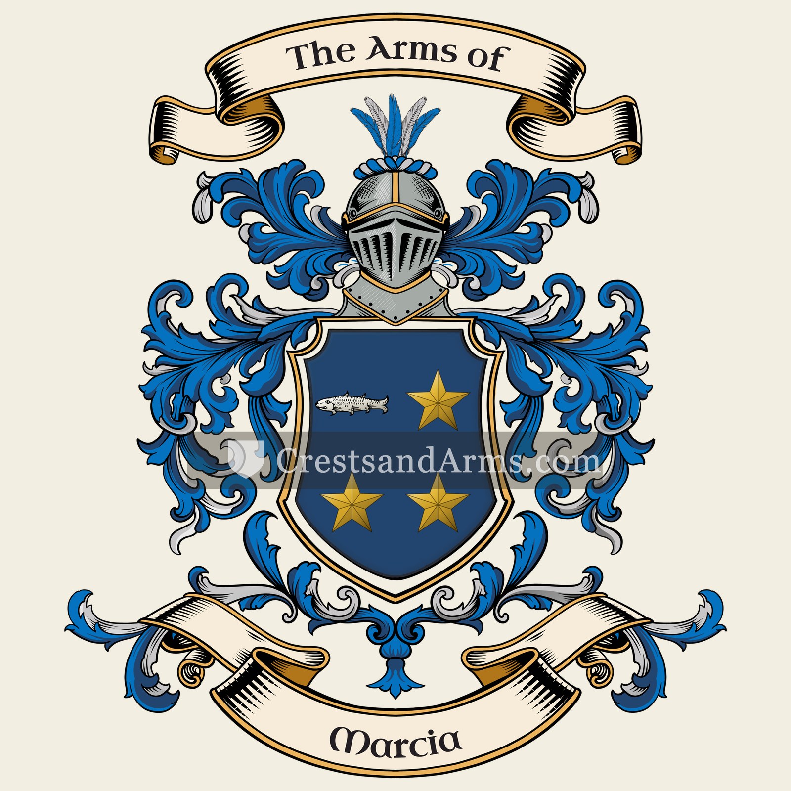 The Marcia coat of arms, drawn from the recorded blazon