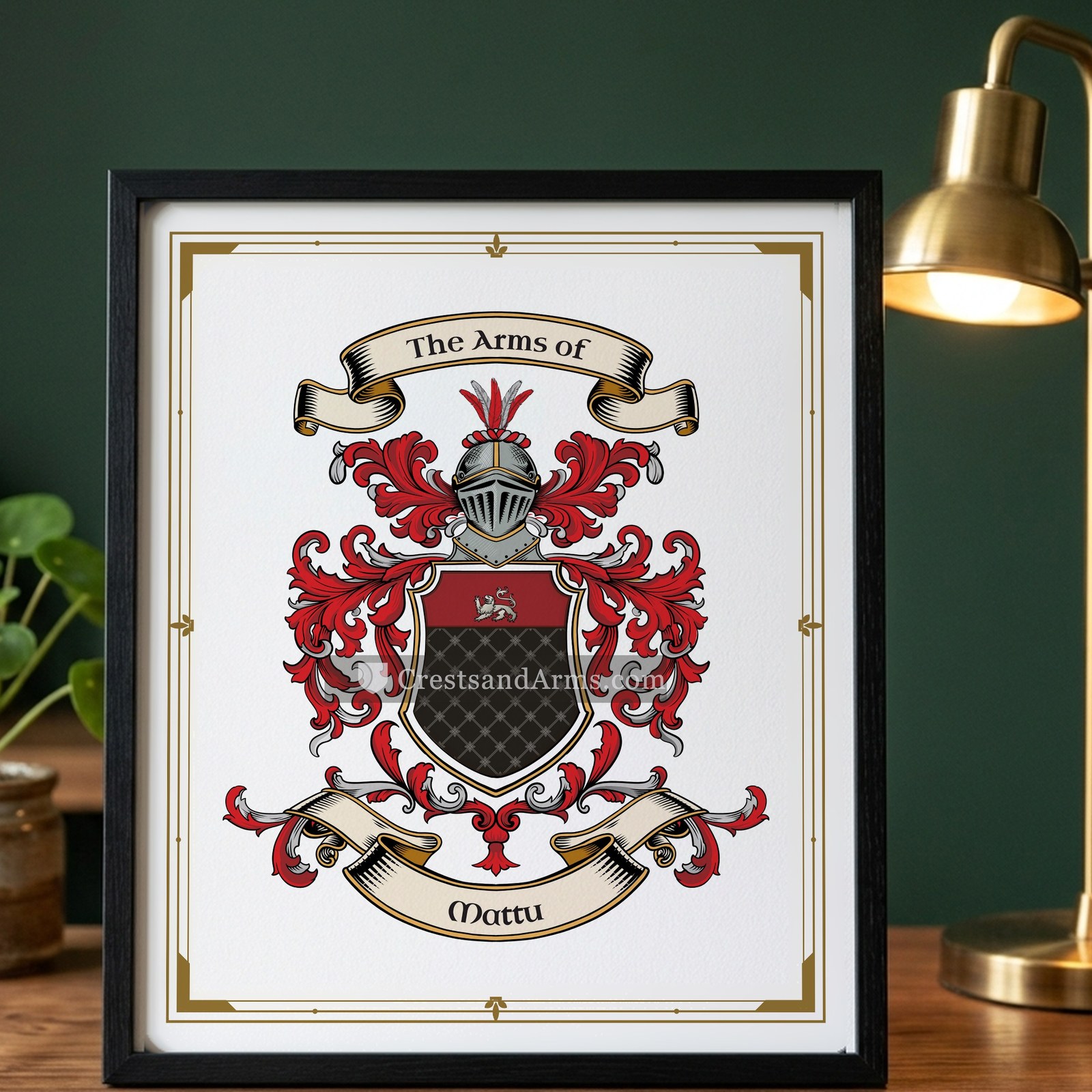 The Mattu arms on the framed, black wood