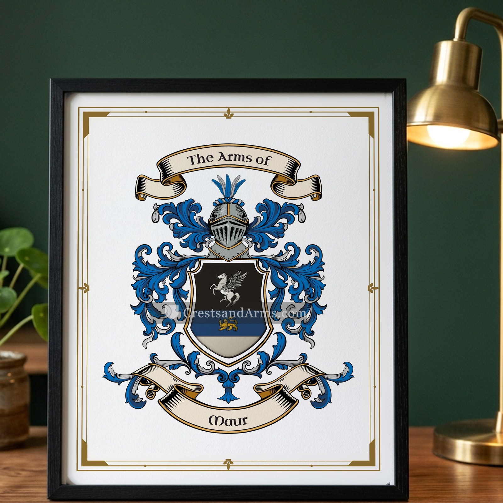 The Maur arms on the framed, black wood