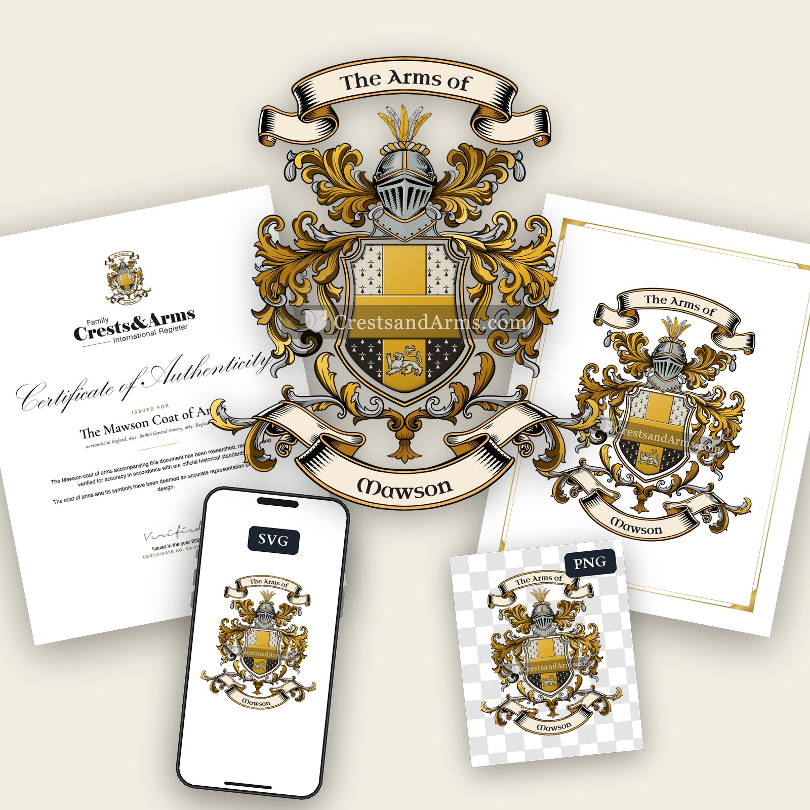 The Mawson arms on the coat of arms — digital pack