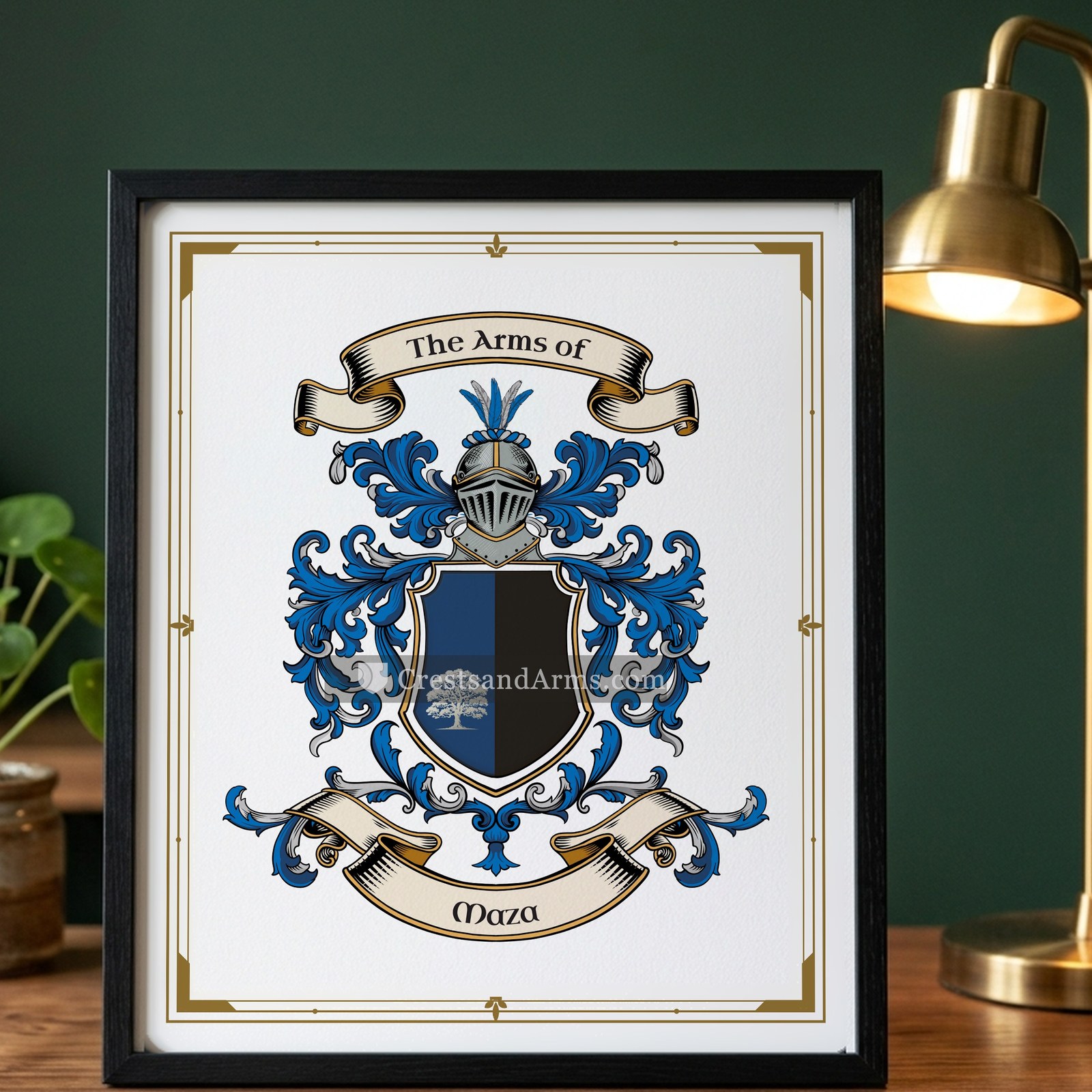 The Maza arms on the framed, black wood