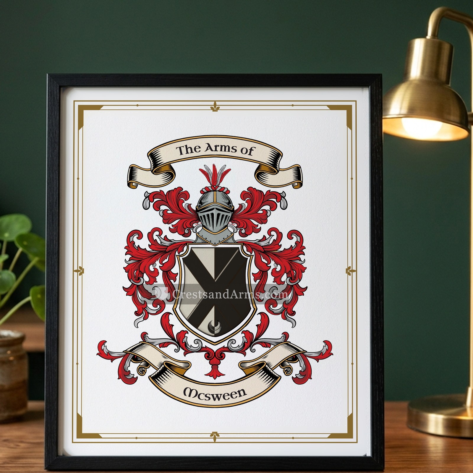 The Mcsween arms on the framed, black wood