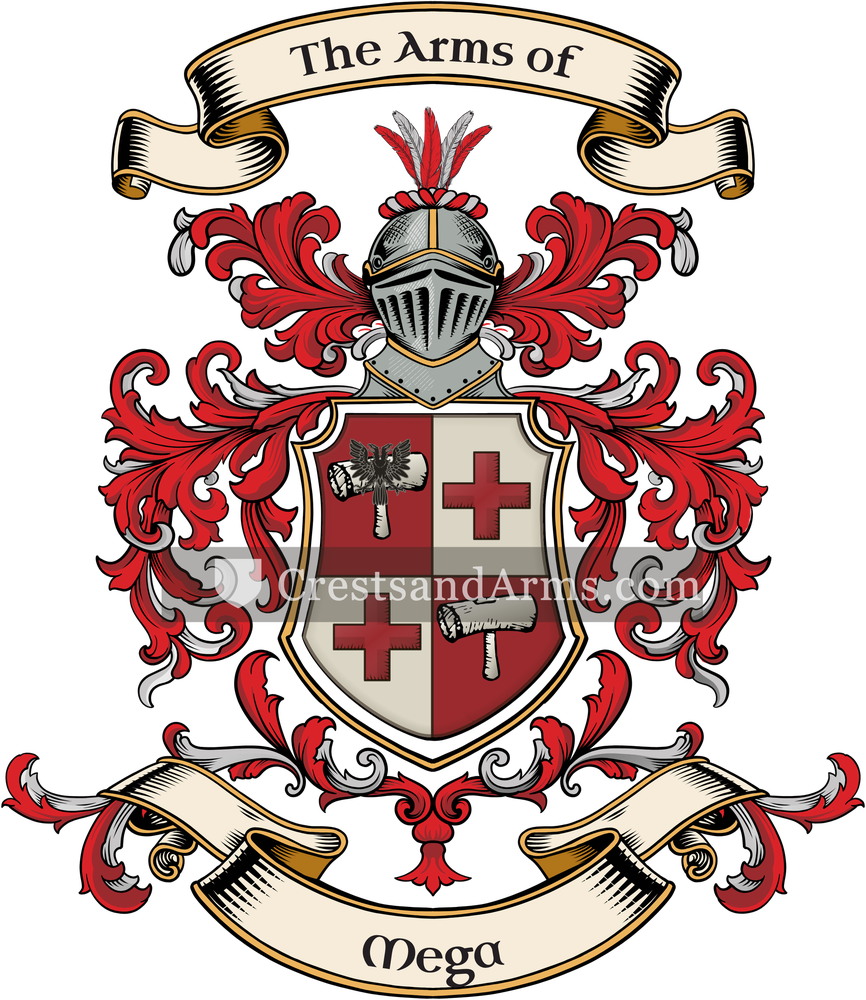 The Mega coat of arms, drawn from the recorded blazon