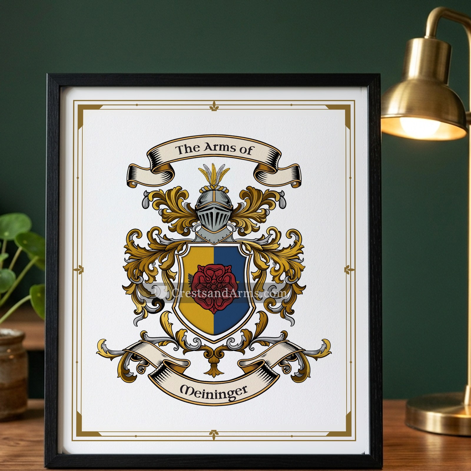 The Meininger arms on the framed, black wood
