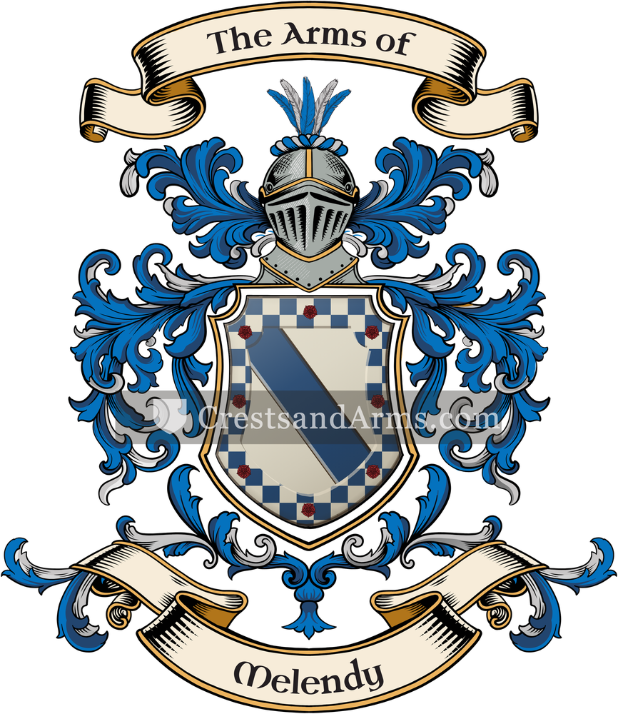 The Melendy coat of arms, drawn from the recorded blazon