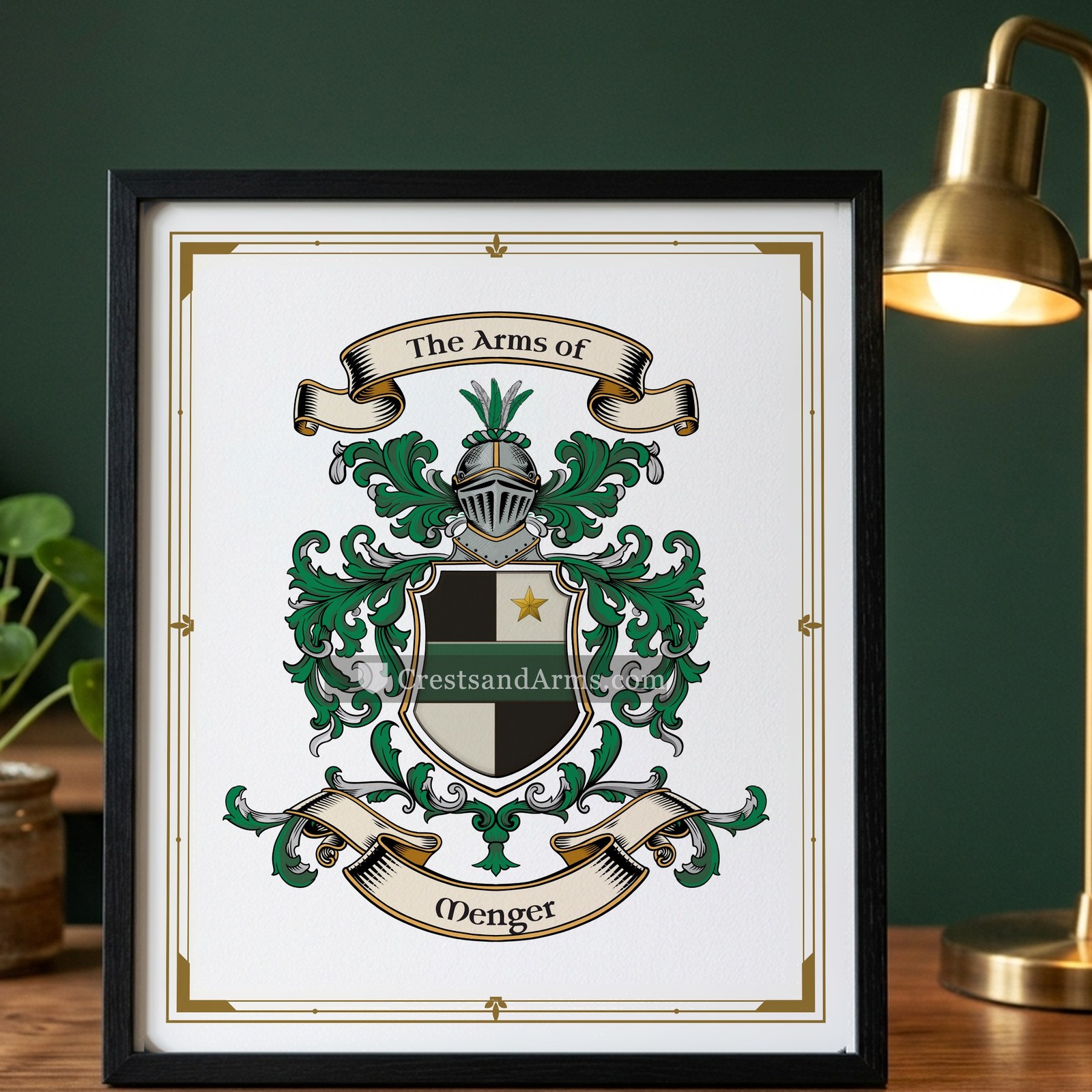 The Menger arms on the framed, black wood