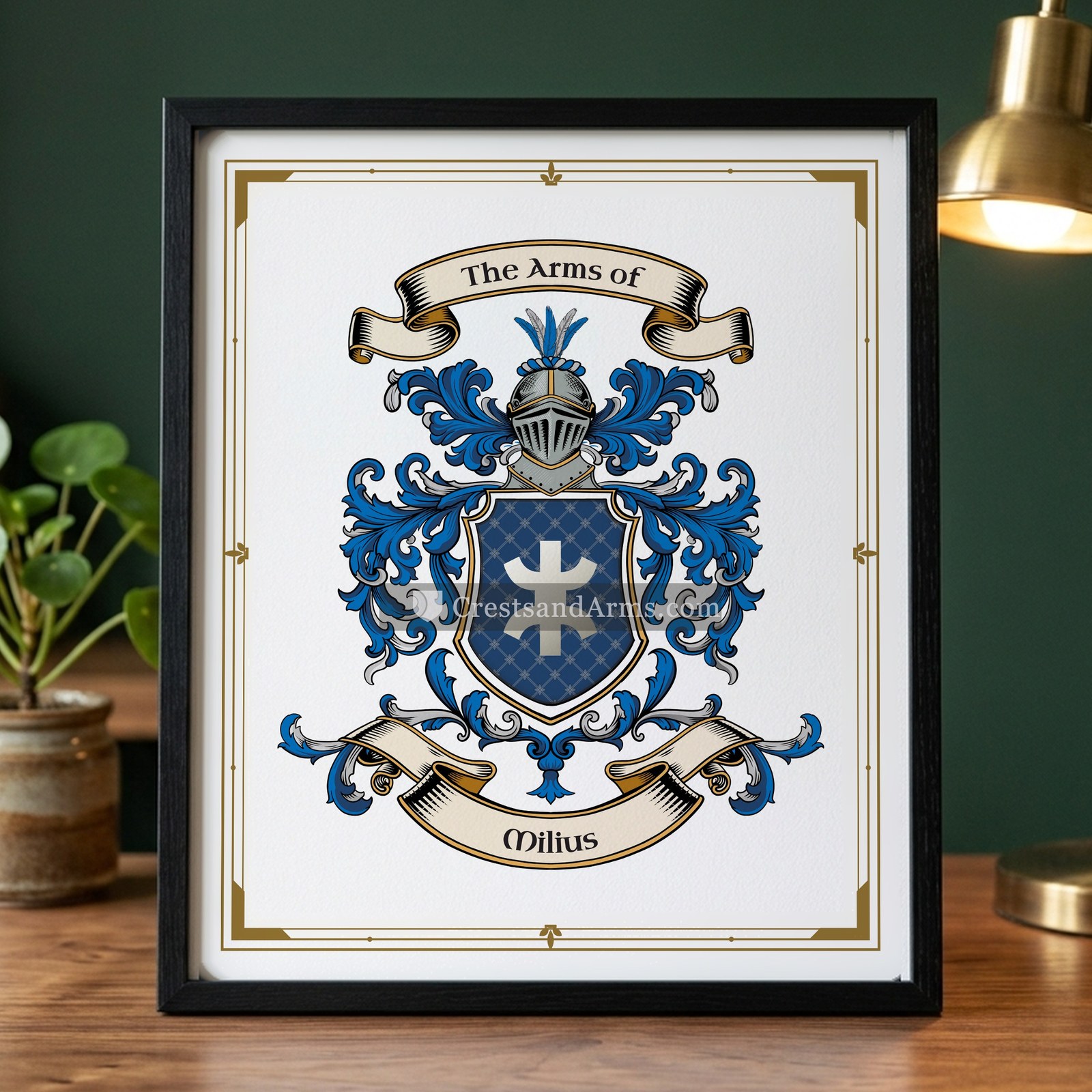 The Milius arms on the framed, black wood