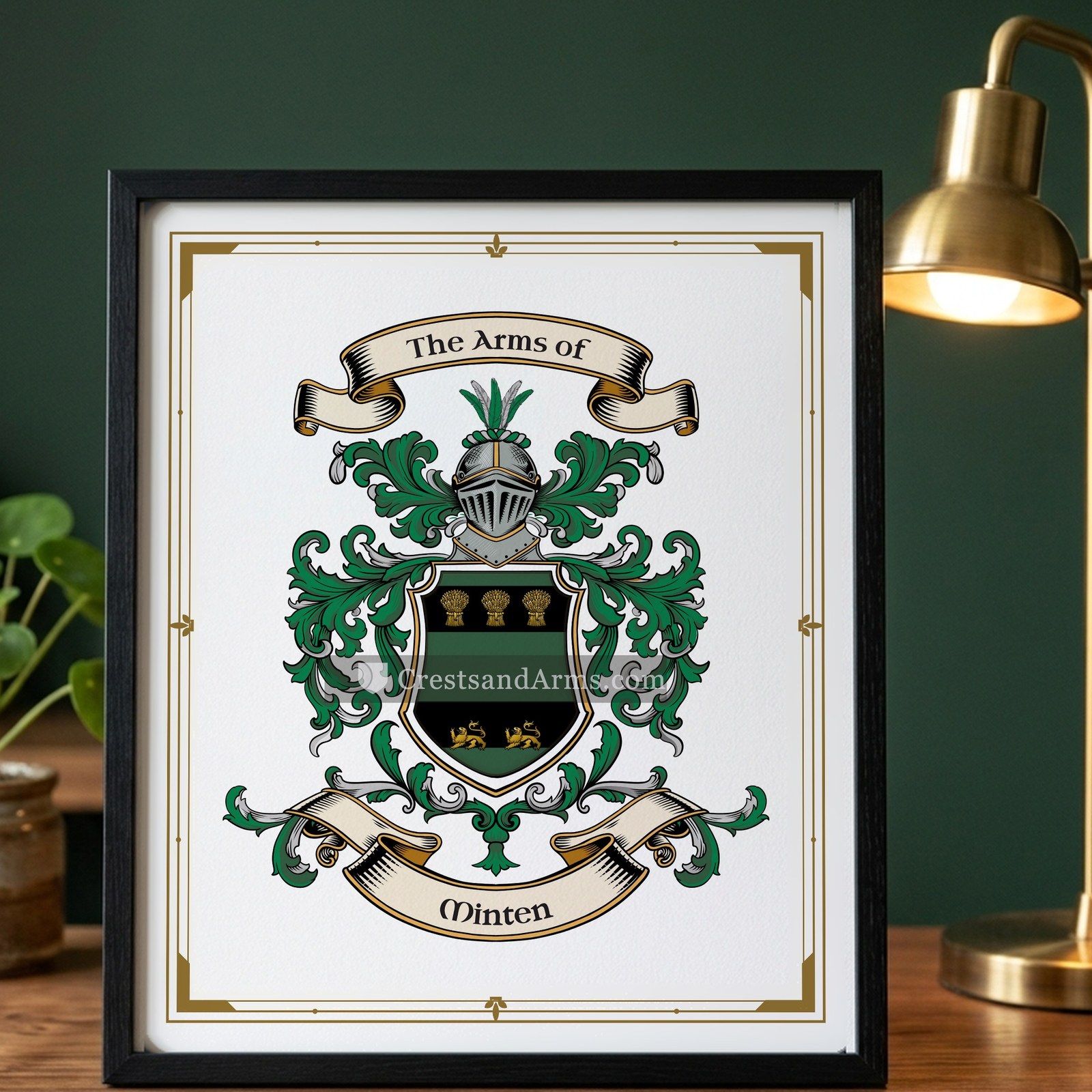 The Minten arms on the framed, black wood