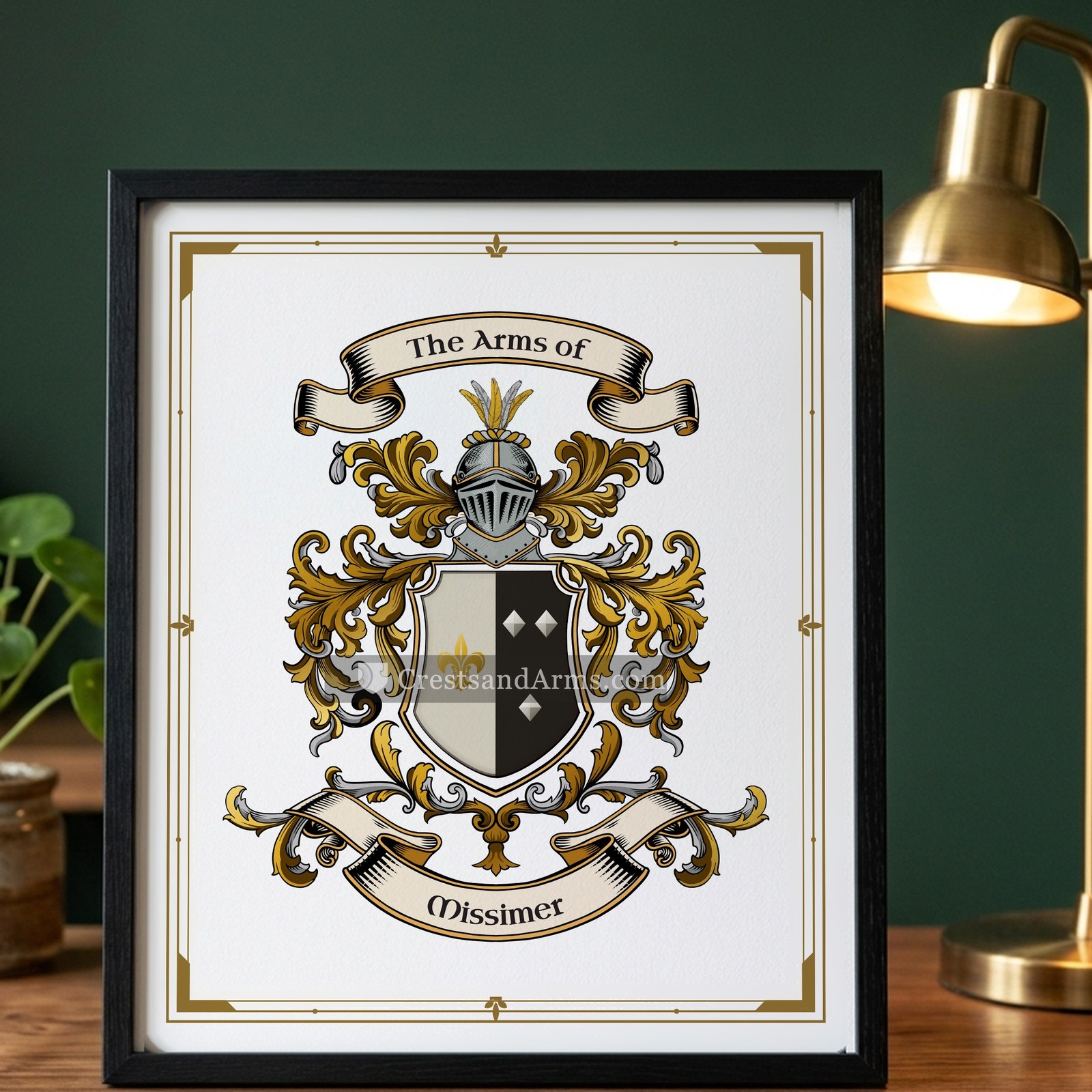 The Missimer arms on the framed, black wood
