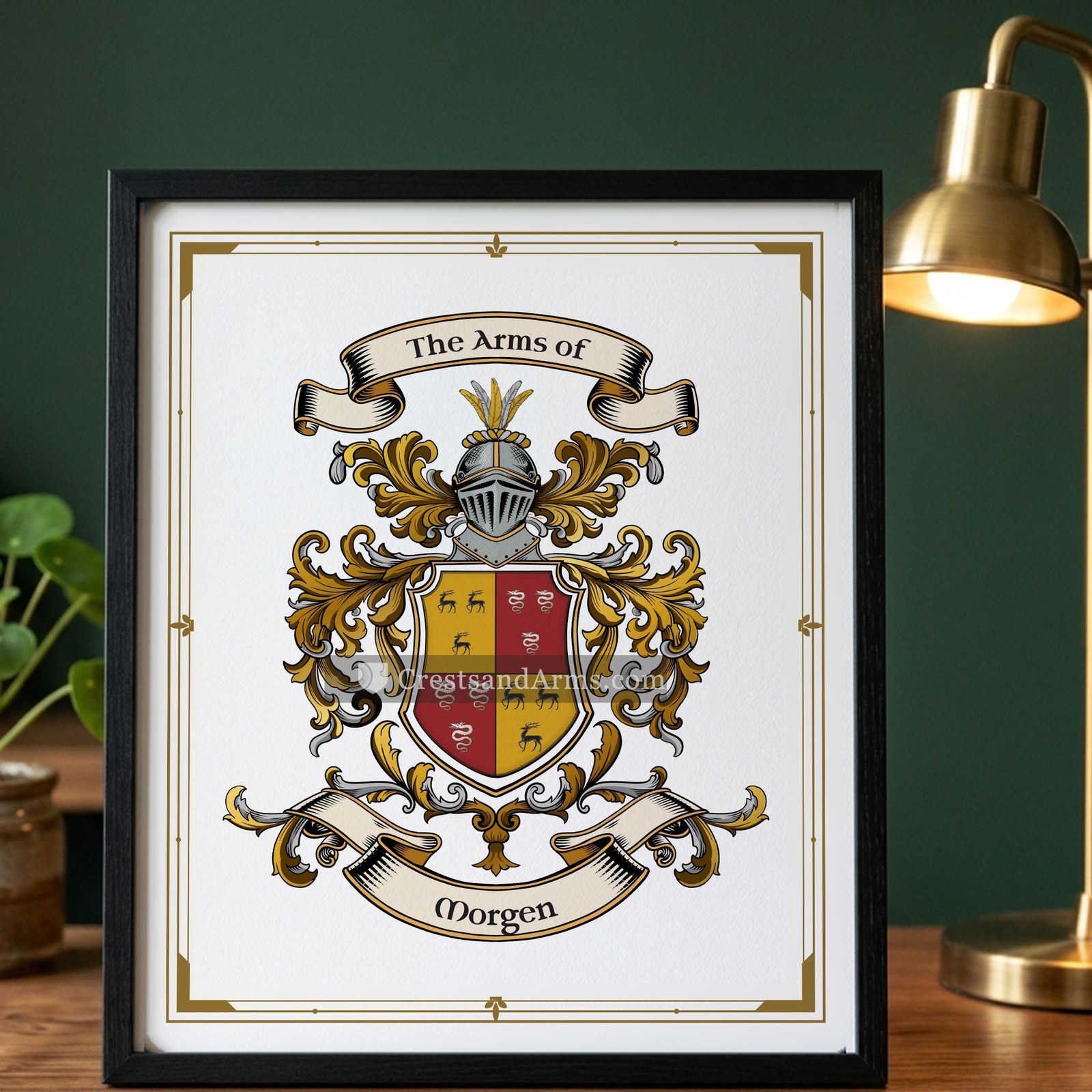 The Morgen arms on the framed, black wood