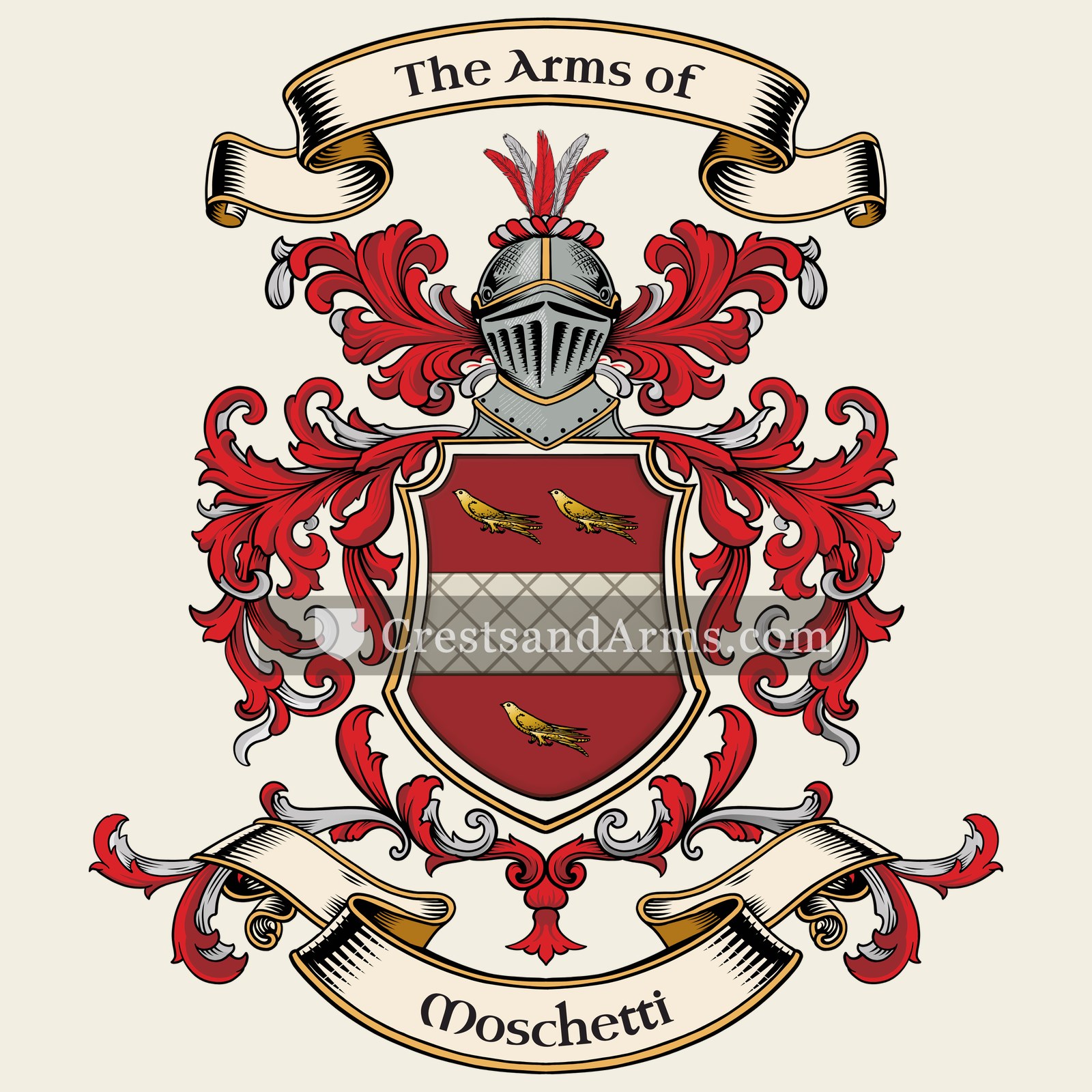 The Moschetti coat of arms, drawn from the recorded blazon