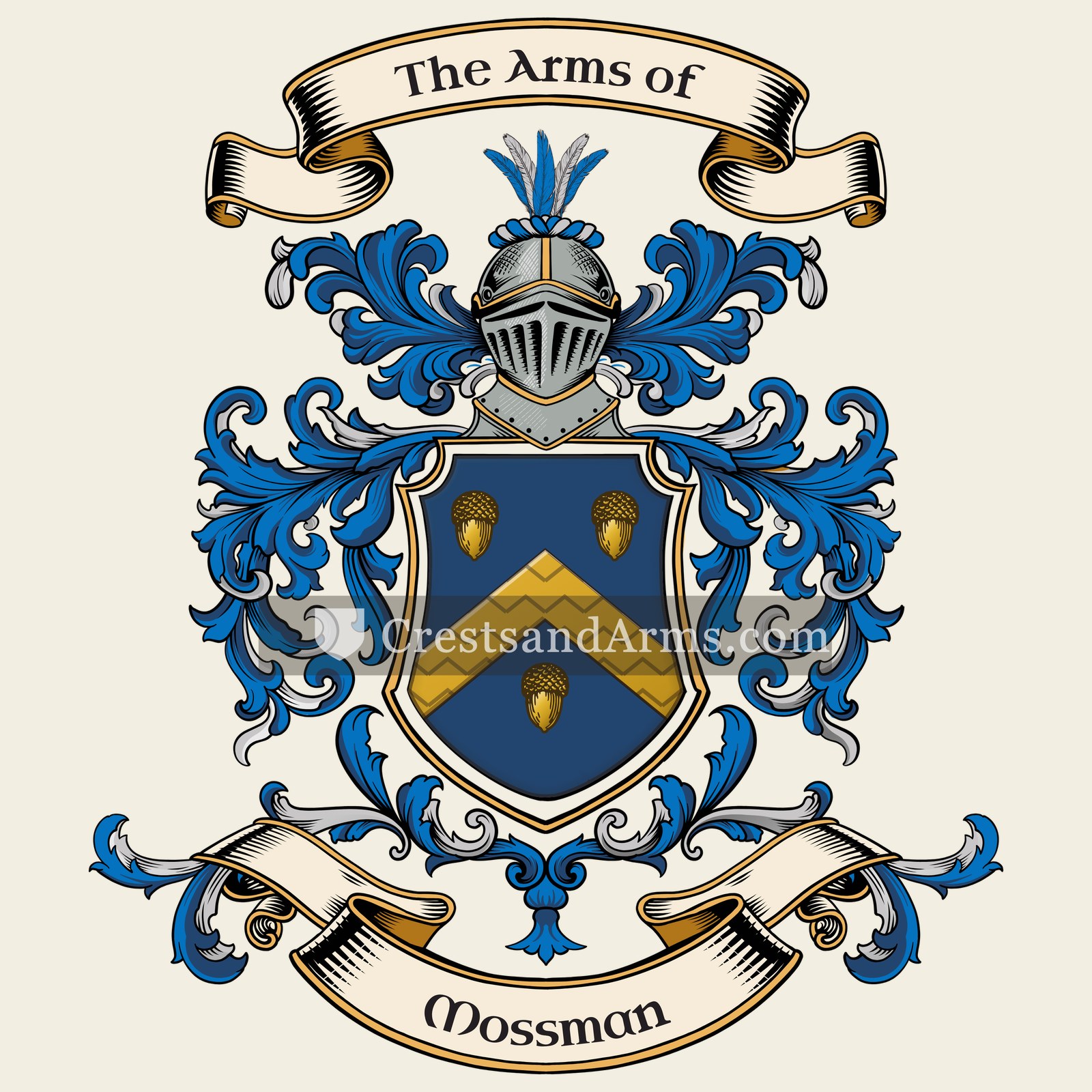 The Mossman coat of arms, drawn from the recorded blazon