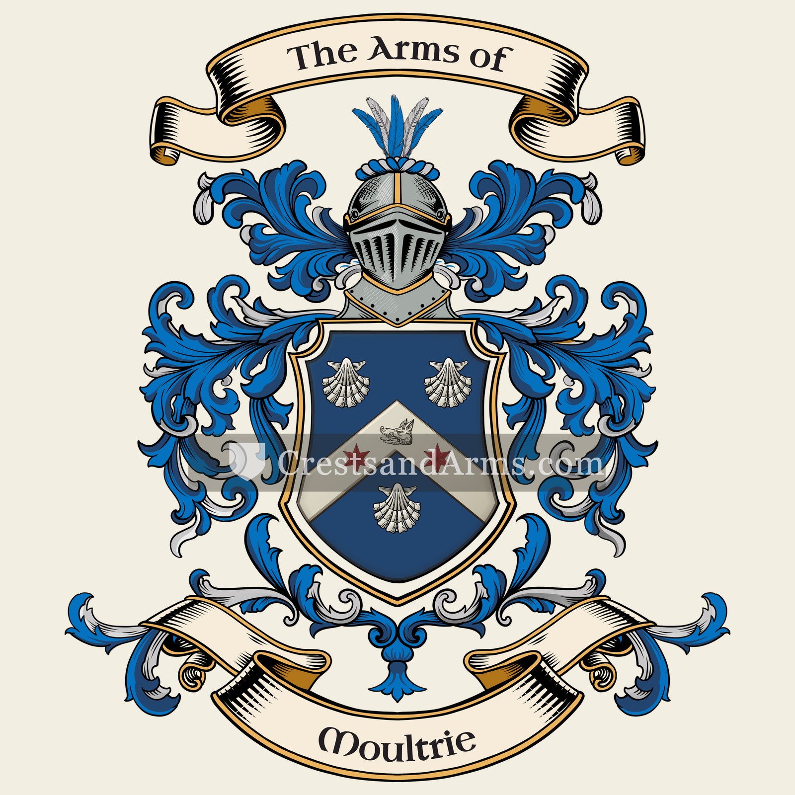 The Moultrie coat of arms, drawn from the recorded blazon