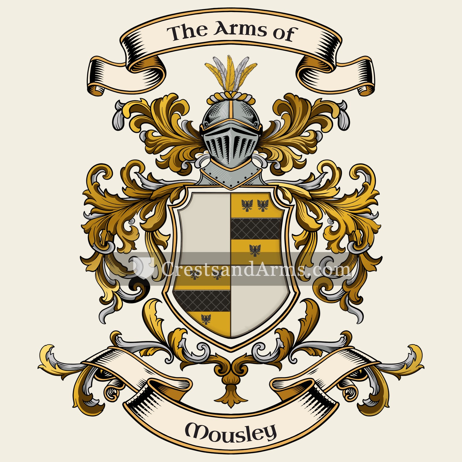 The Mousley coat of arms, drawn from the recorded blazon